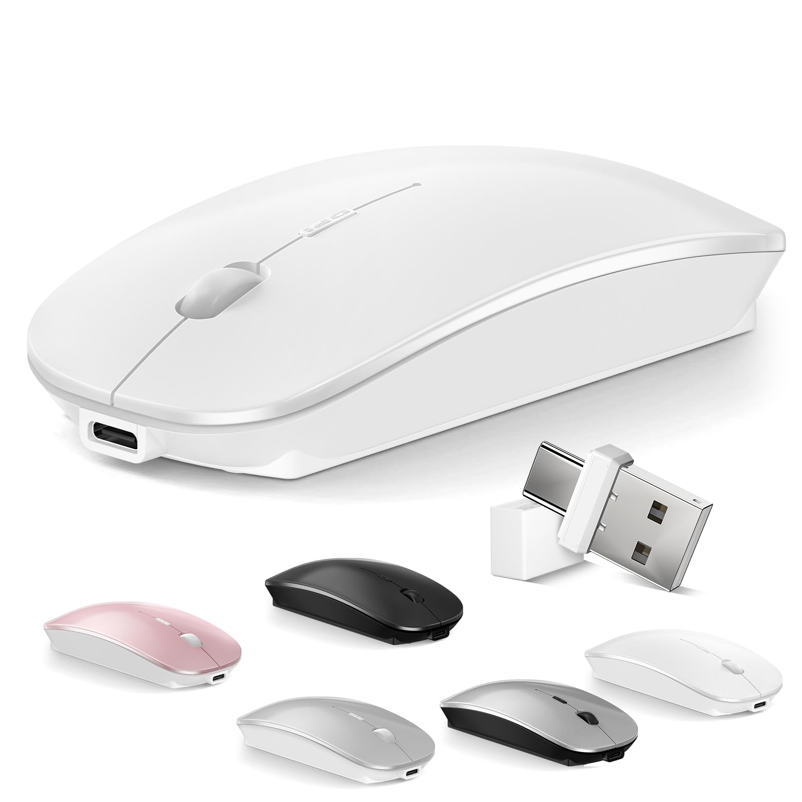 Mouse for MacBook Wireless Bluetooth Mouse Laptop MacBook Air Mac Pro Rechargeable Silent PC iPad Optical Mouse with Dual Mode Switch Bluetooth 5.2/3.0 and 2.4GHz USB Type-C Receiver Rose Gold