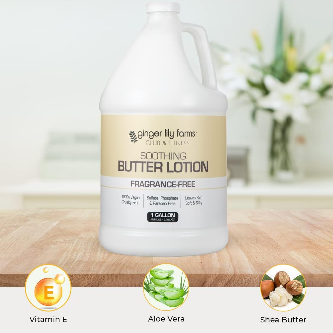 Ginger Lily Farms Club & Fitness Soothing Butter Lotion for Dry Skin, 100% Vegan & Cruelty-Free, Aloe Vera Scent, 1 Gallon (128 fl oz) Refill
