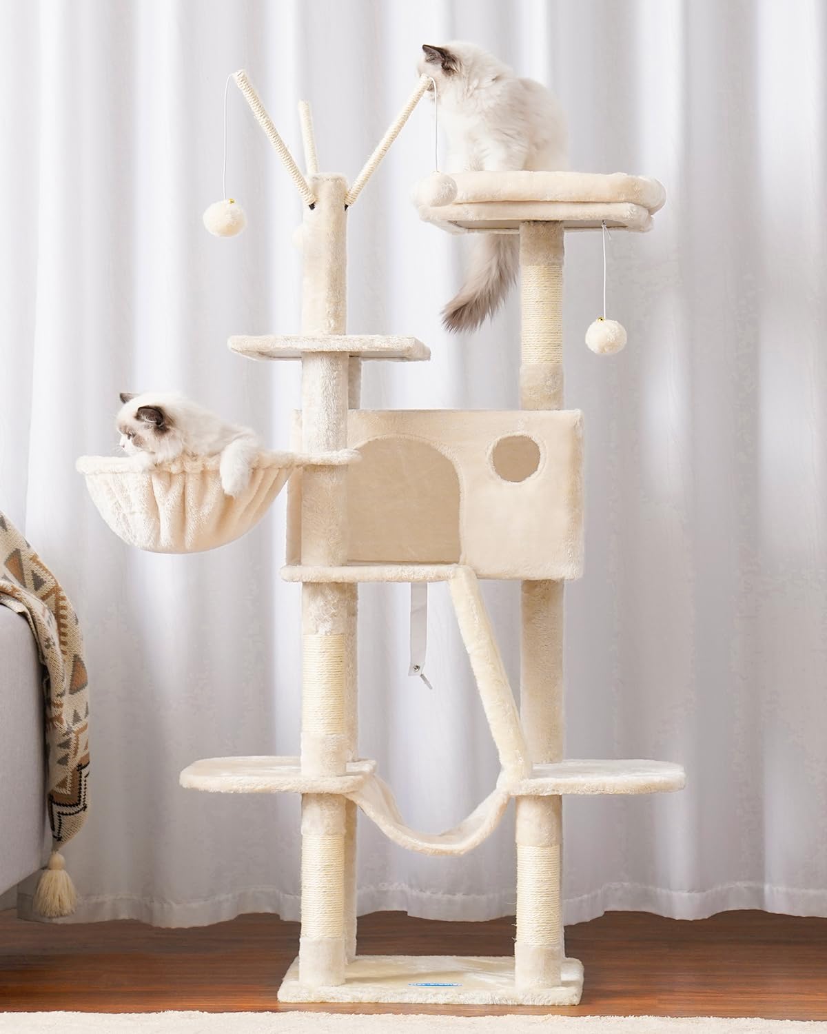 Hey-brother Cat Tree, 53 inch Cat Tower for Indoor Cats, Cat House with Padded Platform Bed, Toy Balls, Large Cozy Condo, Hammocks and Sisal Scratching Posts, Beige MPJ019-SM