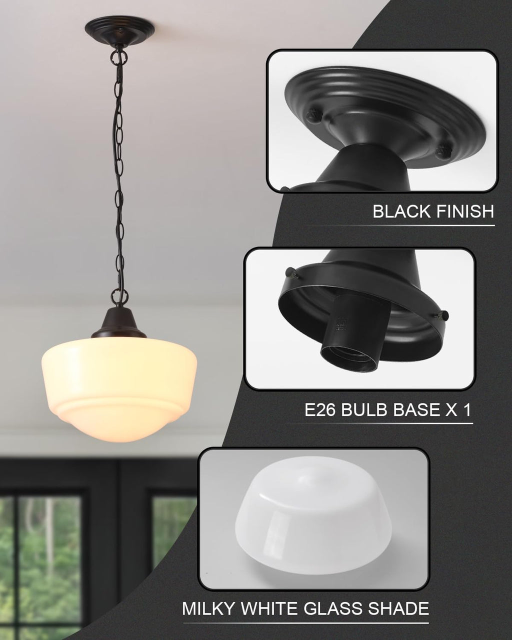 Schoolhouse Light Fixture, 12 Inch Black Finish with Milk Glass Semi Flush Mount Ceiling Light, Ceiling Light Fixture for Kitchen Hallway Entryway (Type C Pendant Light)