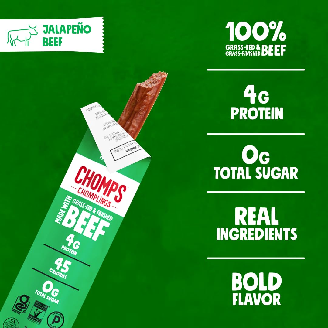 Chomps Snack Size Grass-Fed and Finished Jalapeño Beef Jerky Snack Sticks 0.5oz 24-Pack - Keto, Paleo, Whole30, 4g Lean Meat Protein, Gluten-Free, Zero Sugar Food, Non-GMO Chomplings