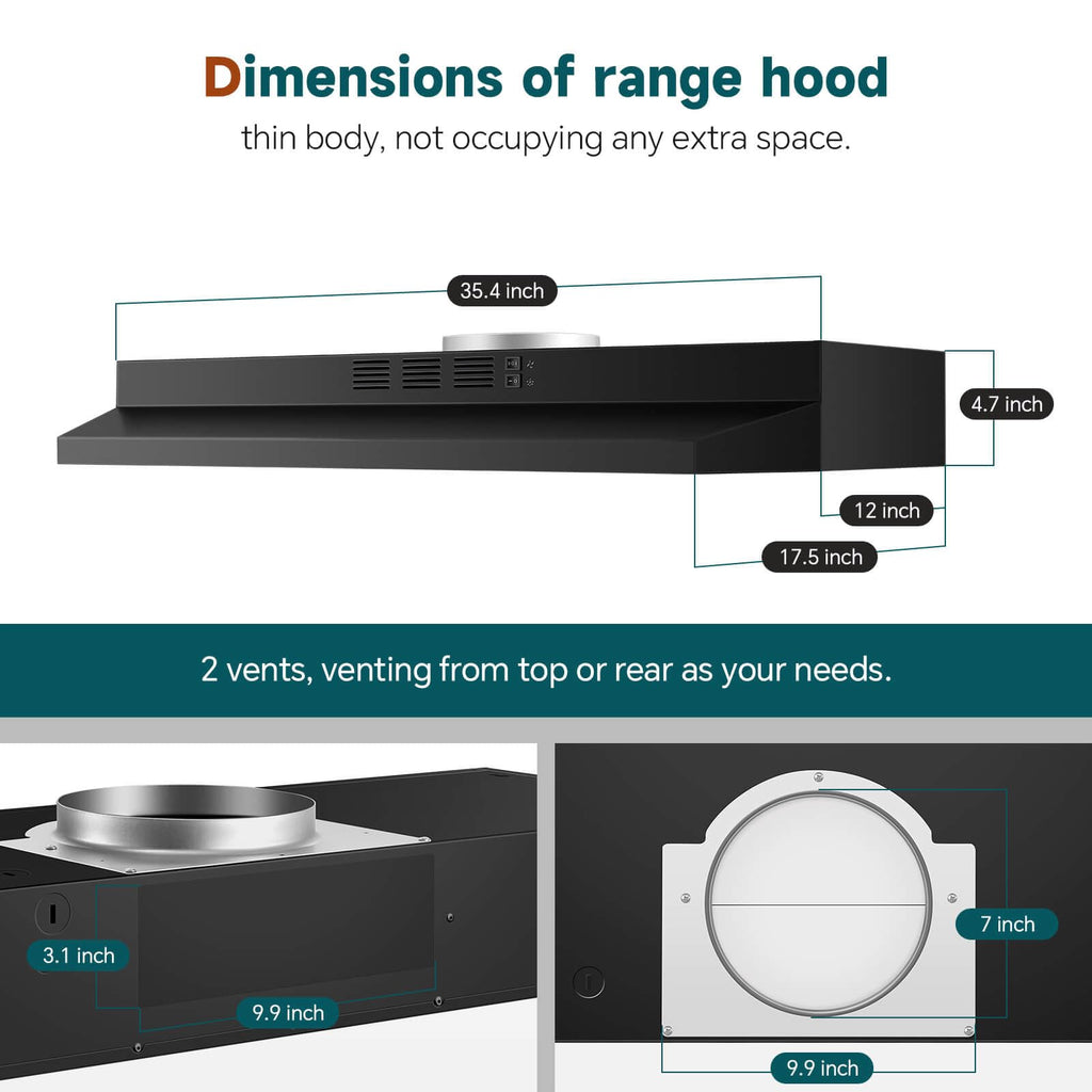 SNDOAS Black Range Hood 24 inch,Ducted/Ductless Range Hood Under Cabinet,Black Coating Stainless Kitchen Exhaust Hood with 2-speed Fan,230 CFM,Rocker Switch,Hard-wired Stove Vent, Ventless Hood