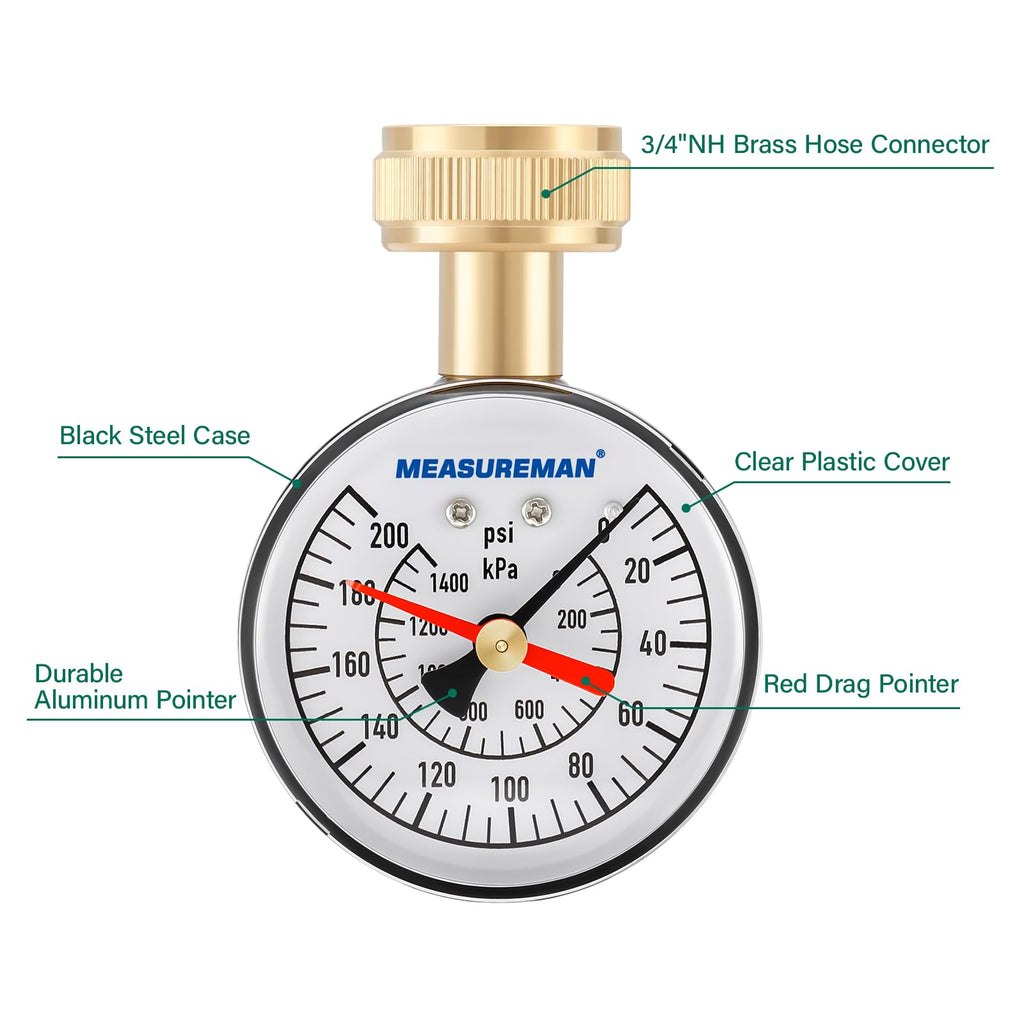 MEASUREMAN 2" Water Pressure Test Gauge, 3/4" Female Hose Thread, 0-200 psi/kpa with Maximum Pressure Memory (Pack of 2)