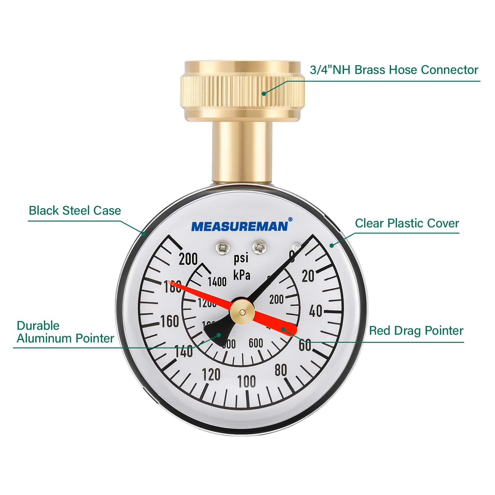 MEASUREMAN 2" Water Pressure Test Gauge, 3/4" Female Hose Thread, 0-200 psi/kpa with Maximum Pressure Memory (Pack of 2)