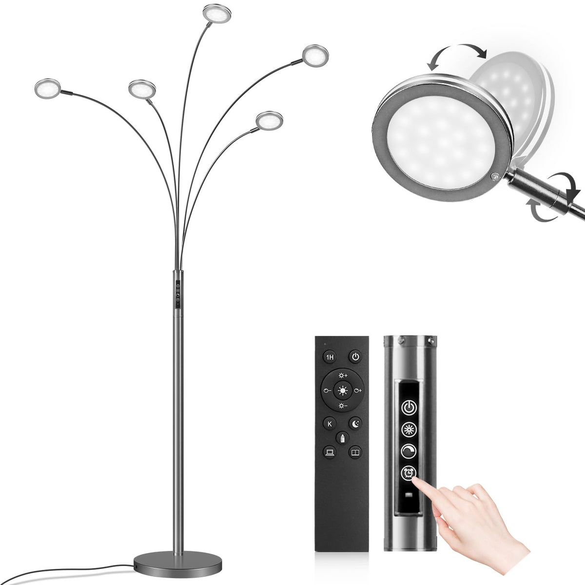 LED Arc Floor Lamp with Remote, 2250LM Dimmable Gold Floor Lamp with Timer, Adjustable Colors, Brightness & 5 Adjustable Arms, Multi-Head Tall Tree Standing Lamp for Living Room Bedroom Corner Office