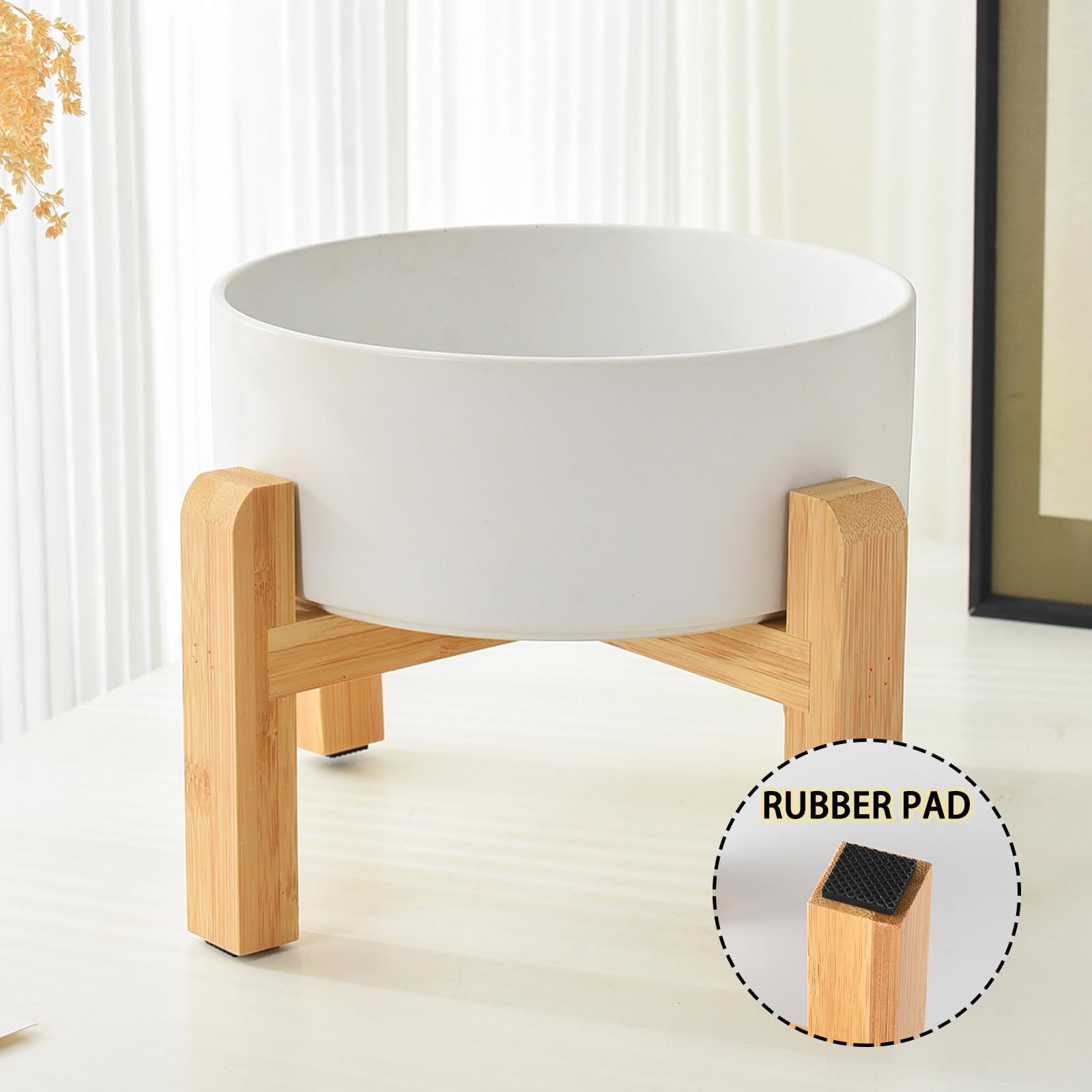 6'' Ceramic Raised Dog Bowl - 30Oz Dog Food & Water Bowl with Elevated Non-Slip Bamboo Stand, Dishwasher & Microwave Safe, Anti Vomiting Heavy Duty Pet Bowl for Small and Medium Dogs, Black