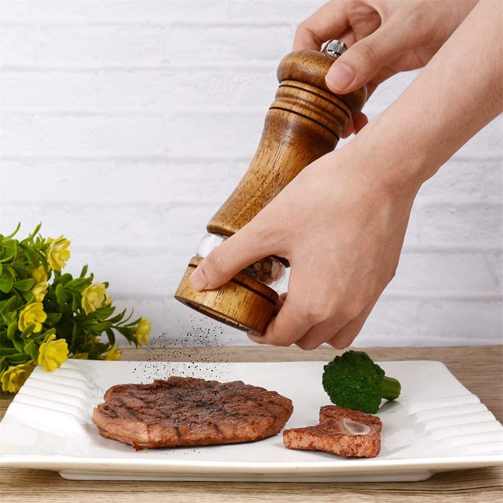 Haomacro Wood Salt and Pepper Grinder Mills Set, Classic Manual Pepper Grinder Salt Grinder Refillable Pepper Mill Sets with Acrylic Visible Window Adjustable Ceramic Grinding Rotor 6.5inch 2 Pack