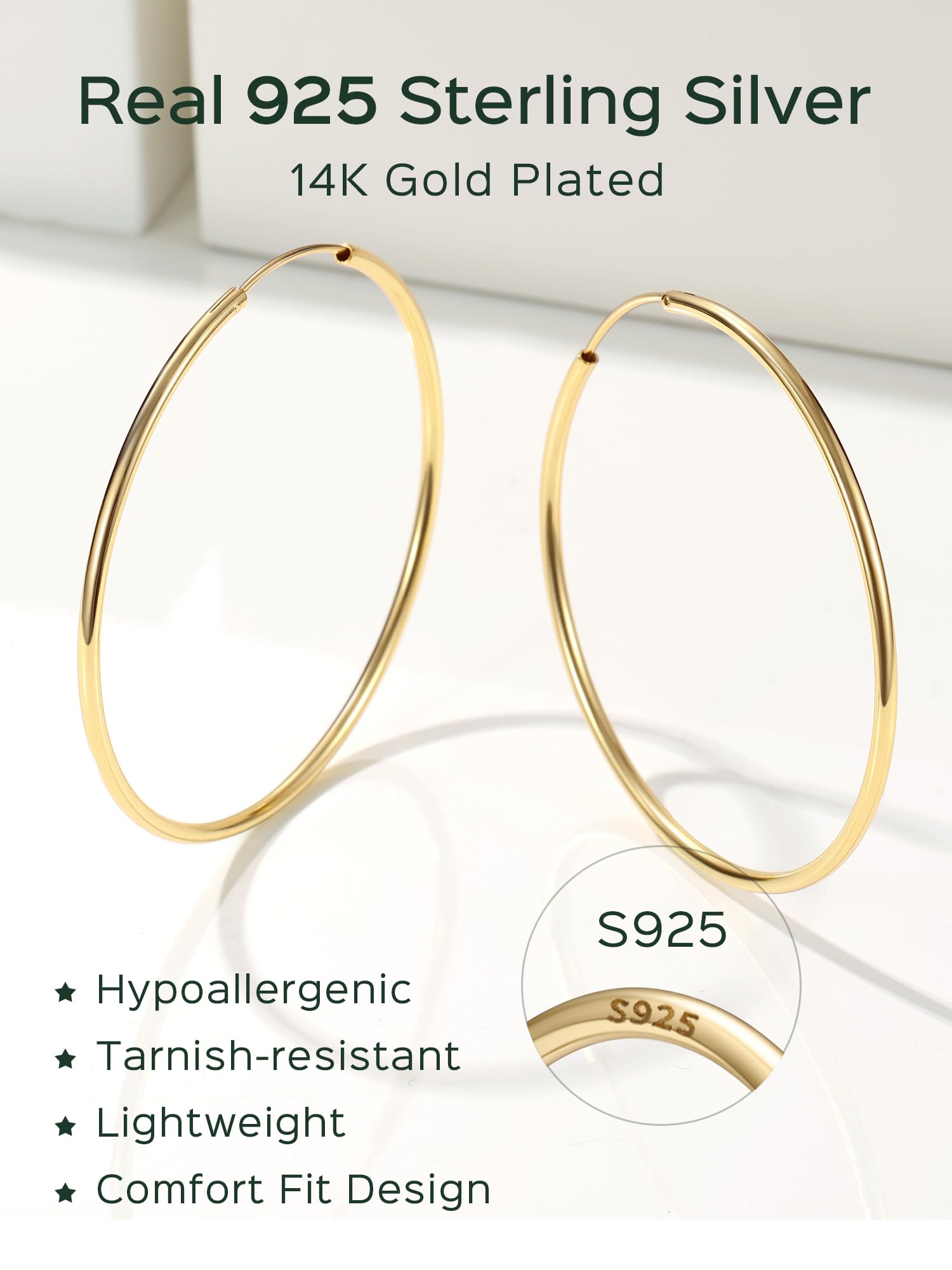 ChicSilver 925 Sterling Silver Hoop Earrings for Women Hypoallergenic, Lightweight Large Gold Plated Silver Hoop Earrings, Endless Hoops Earring 20/30/40/50/60/70MM