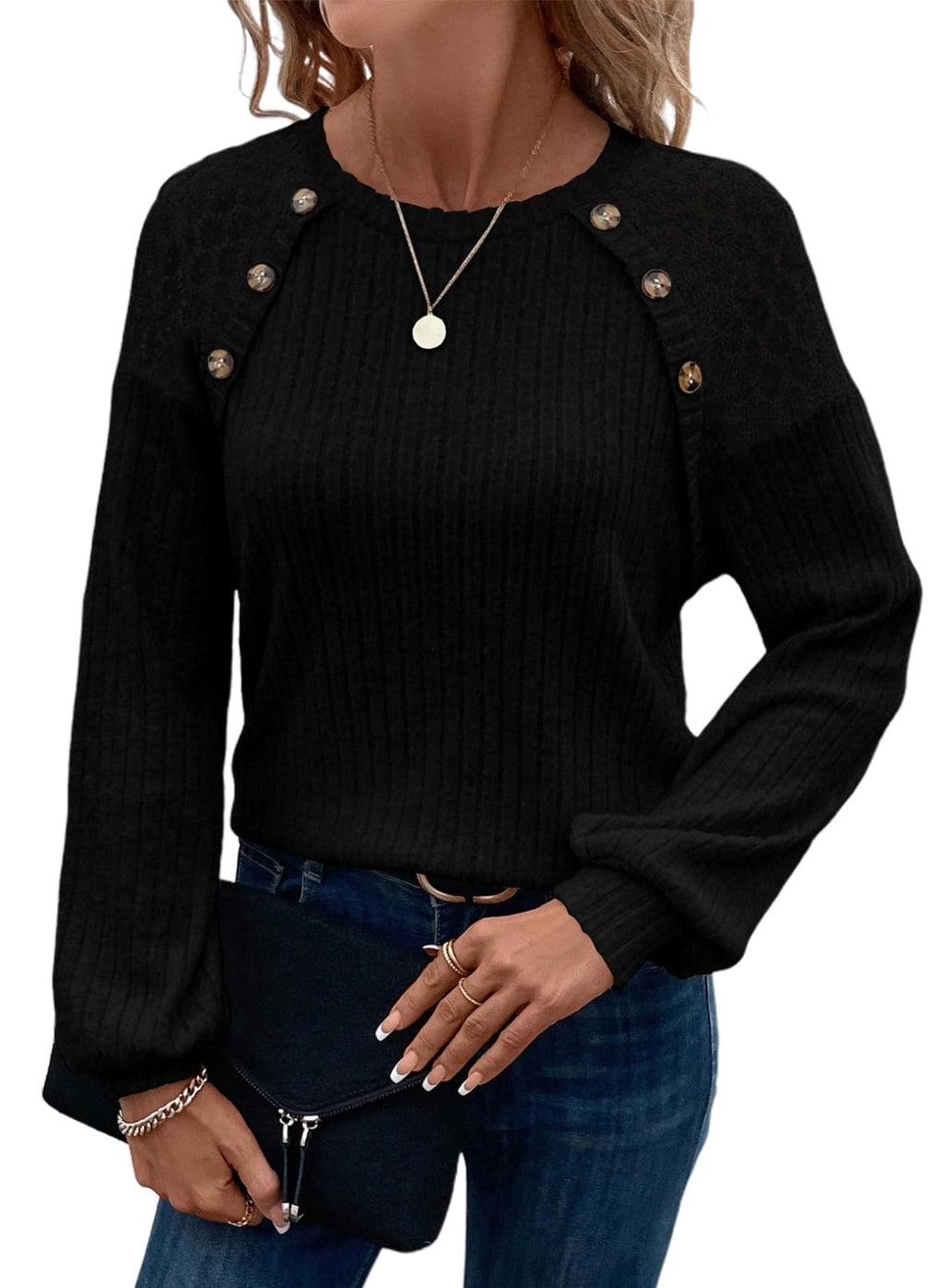 Acelitt Womens Fall Long Sleeve Tunic Tops Casual Crew Neck Dressy Shirt Lace Patchwork Blouses Pullover Sweaters