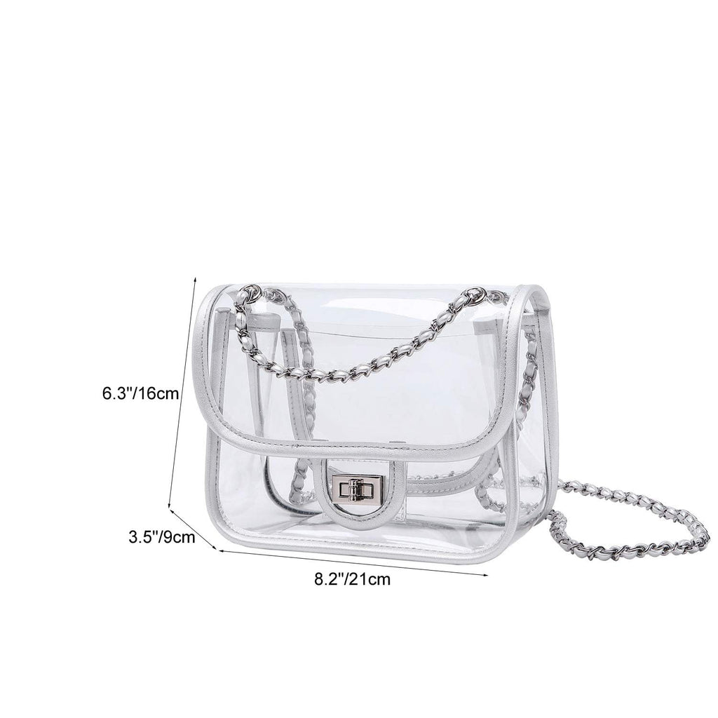 Womens PVC Clear Purse Handbag with Chain Stadium Approved Clear Bag See Through Bag for Working and Concert