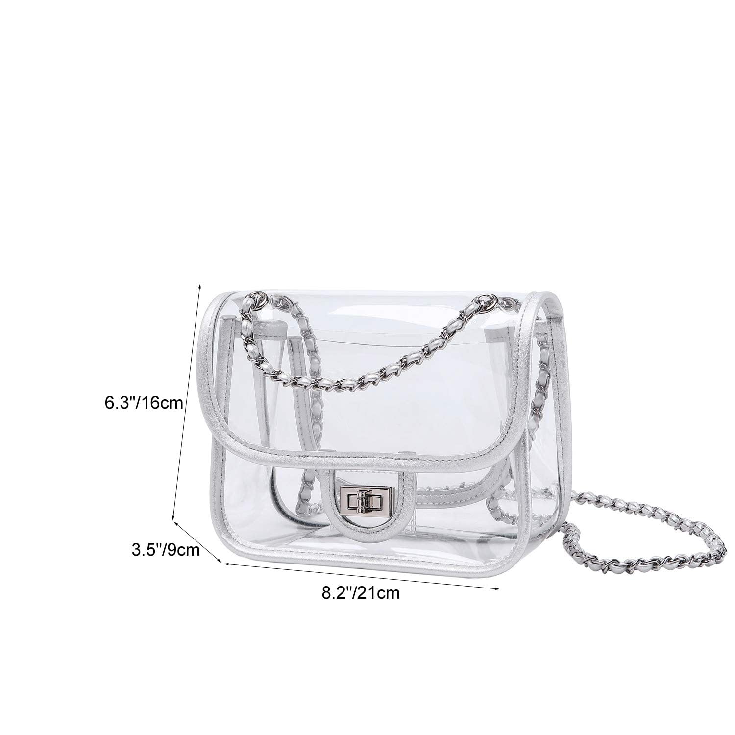 Womens PVC Clear Purse Handbag with Chain Stadium Approved Clear Bag See Through Bag for Working and Concert
