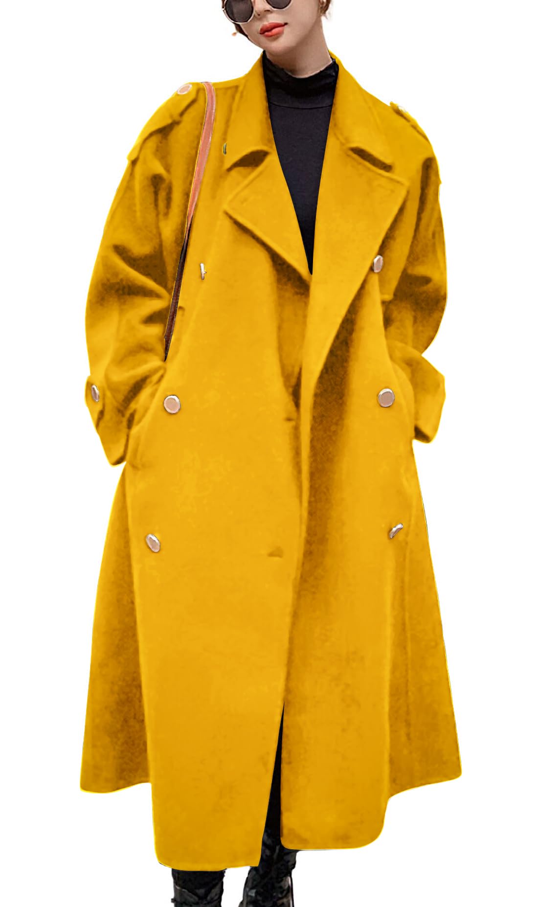 chouyatou Women's Winter Double Breasted Midi Long Wool Pea Coat Notch Lapel Winter Trench Coat