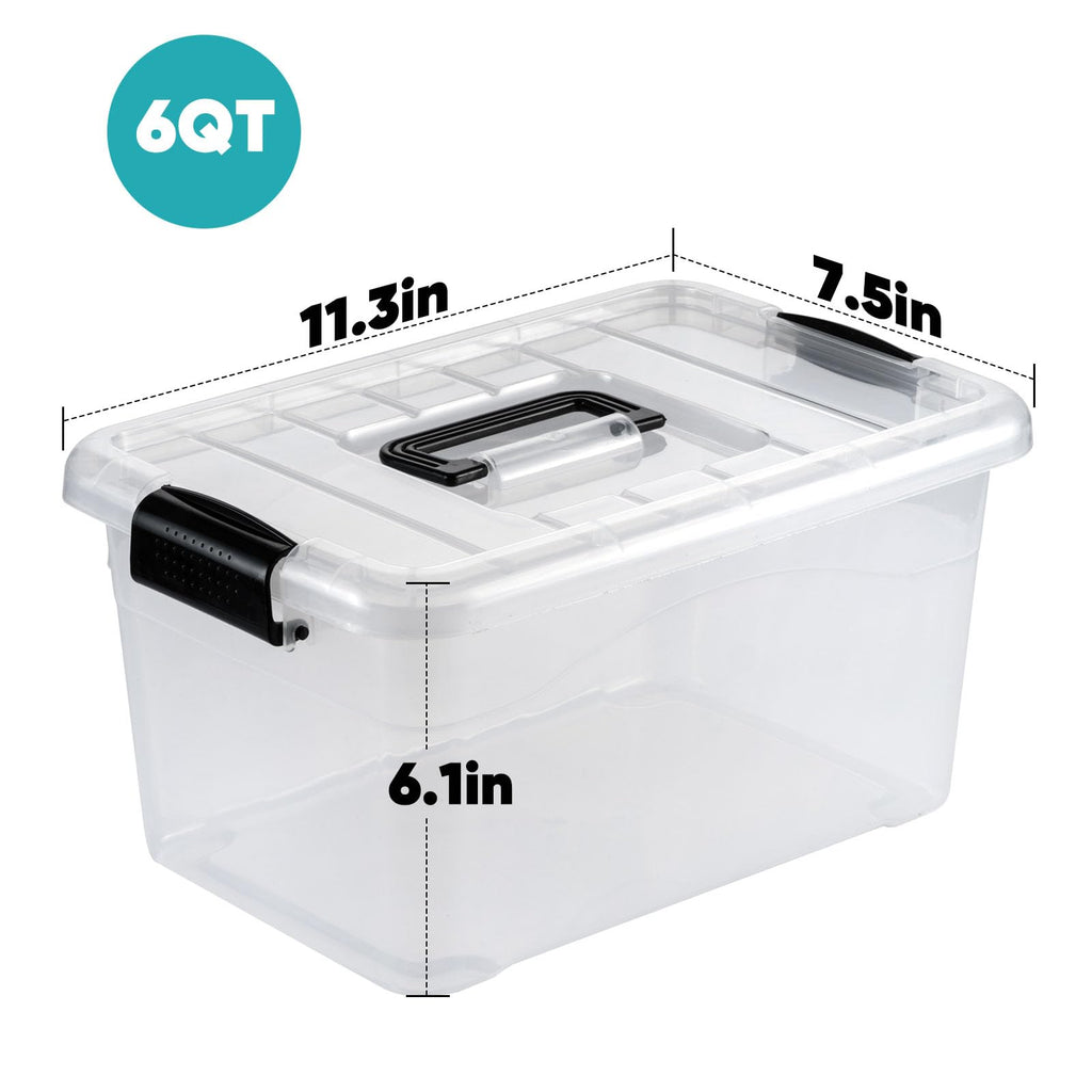 Nazhura Plastic Storage Bin, Stackable and Nestable Storage Boxes with White Lids and Secure Latching Buckles, Large Storage Container (CLEAR, 6QT 12PACK)