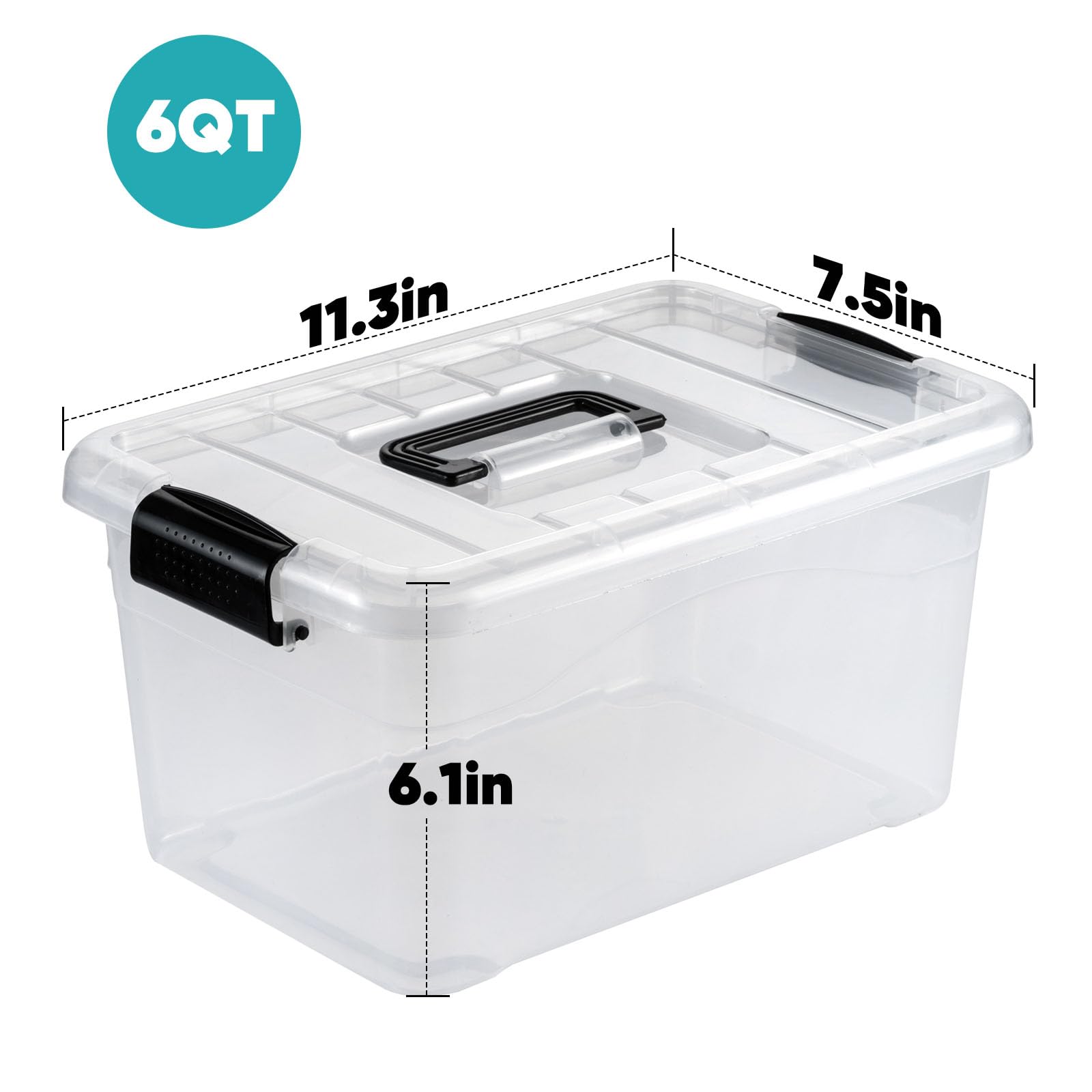 Nazhura Plastic Storage Bin, Stackable and Nestable Storage Boxes with White Lids and Secure Latching Buckles, Large Storage Container (CLEAR, 6QT 12PACK)