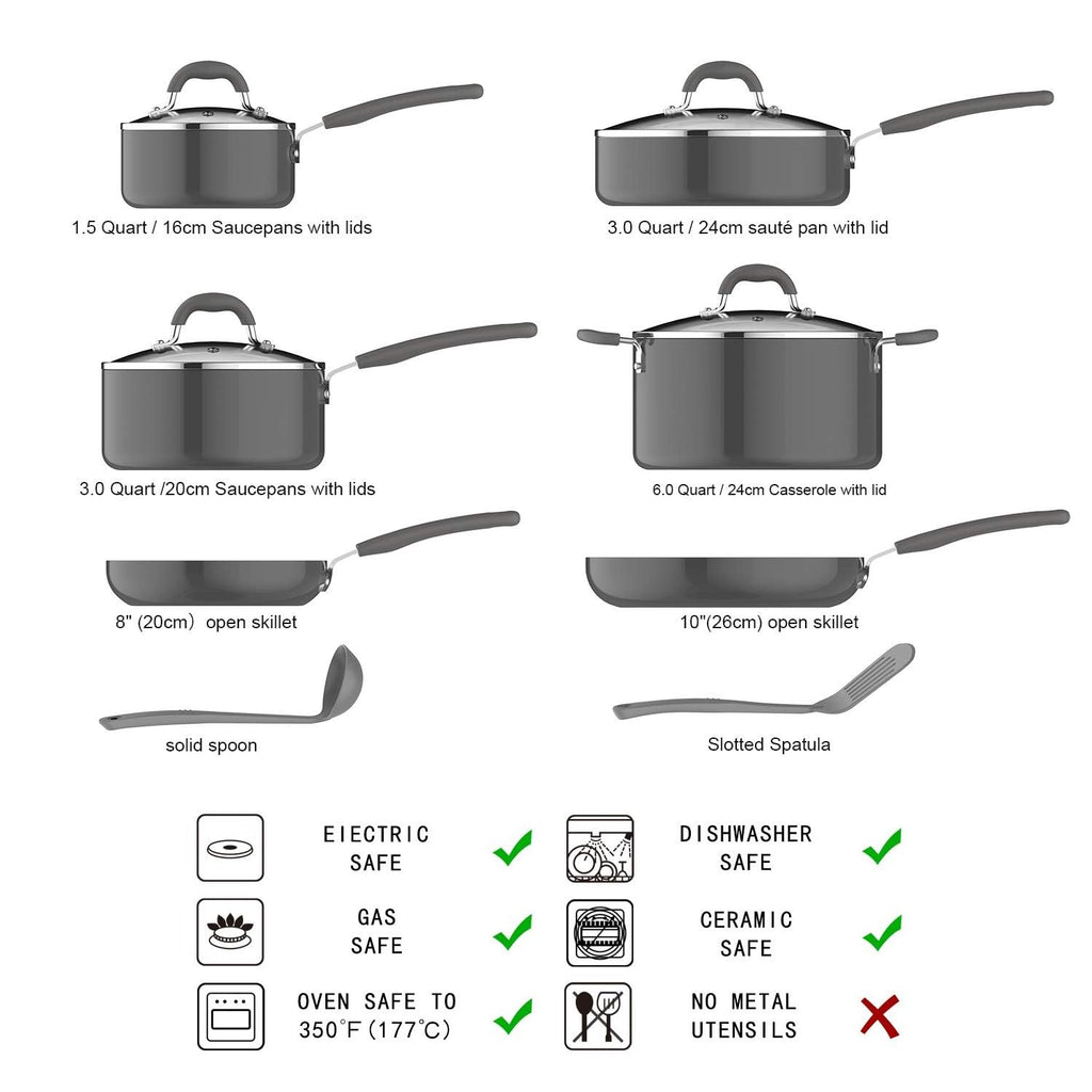 Amazon Basics Non-Stick Cookware Set, Pots and Pans with Lids, Hard Anodized Aluminum, Dishwasher Safe, Oven Safe, Black, 12-Piece