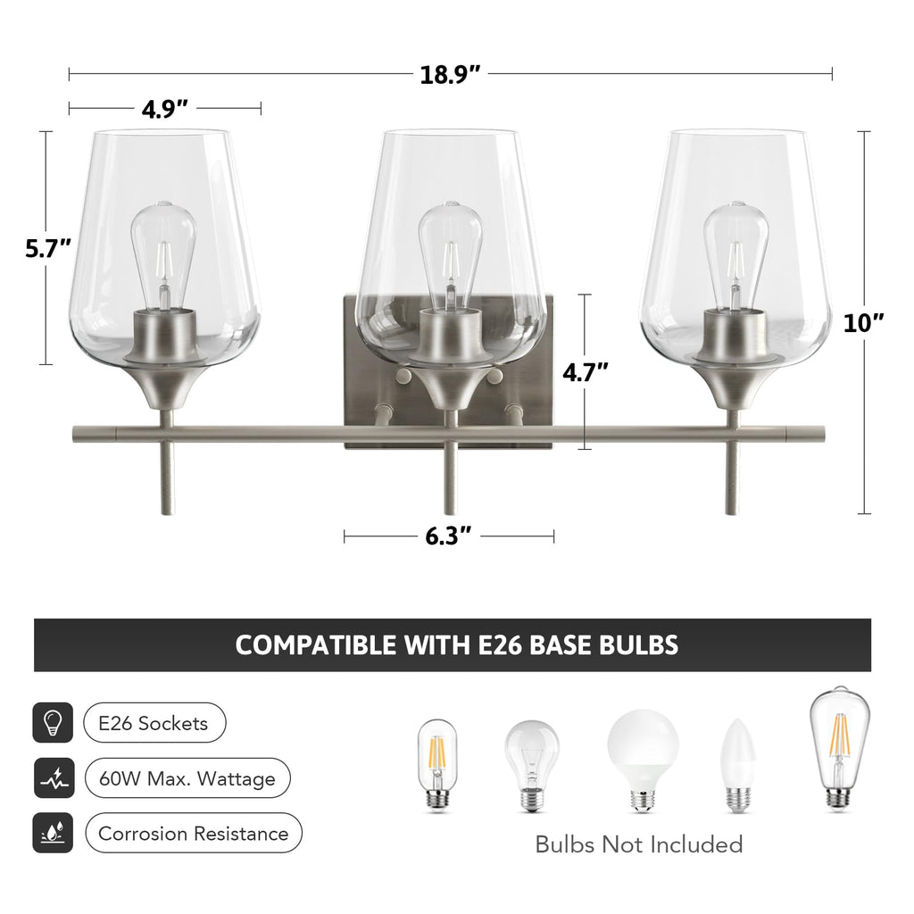 VONLUCE Bathroom Vanity Light, 2 Light Bathroom Light Fixture Over Mirror, Bathroom Wall Lamp with Clear Glass, Modern Brushed Nickel Vanity Lighting fixtures for Bathroom, Bedroom, Hallway