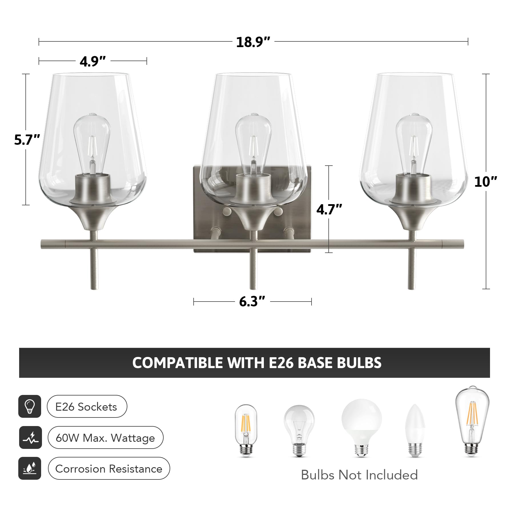 VONLUCE Bathroom Vanity Light, 2 Light Bathroom Light Fixture Over Mirror, Bathroom Wall Lamp with Clear Glass, Modern Brushed Nickel Vanity Lighting fixtures for Bathroom, Bedroom, Hallway