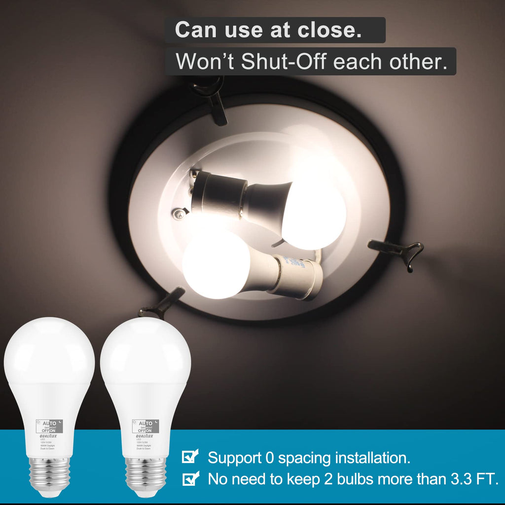 Qualilux Dusk to Dawn A19 LED Light Bulbs 850LM, 60W Equivalent, Daylight, Energy-Efficient 9.5W, A19, E26 Base, 2-Pack, HQ-H011
