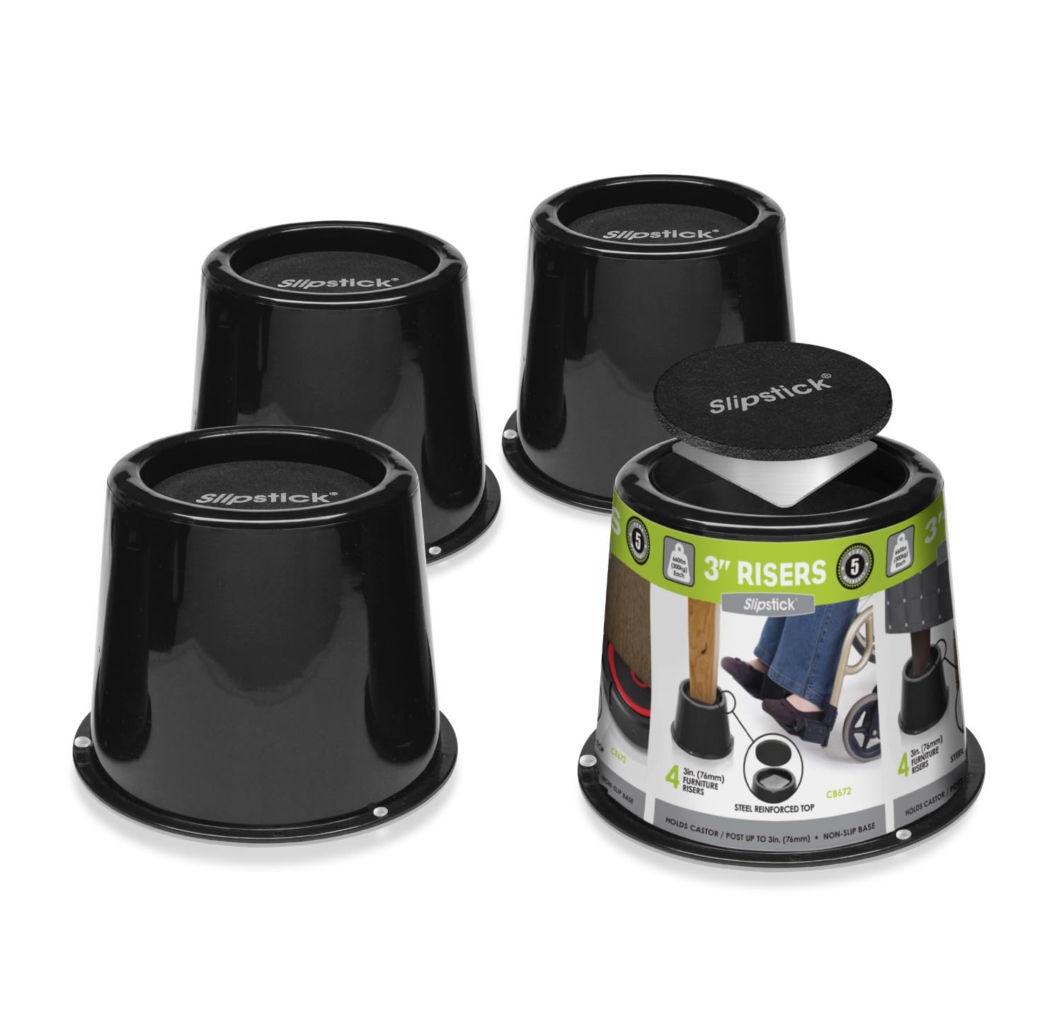 Slipstick CB674 Premium 2 Inch Furniture Risers/Bed Raisers with Steel Reinforced Top (4 Pack) Adds 2" Height, Supports 2,640 Pounds, Stackable with CB671