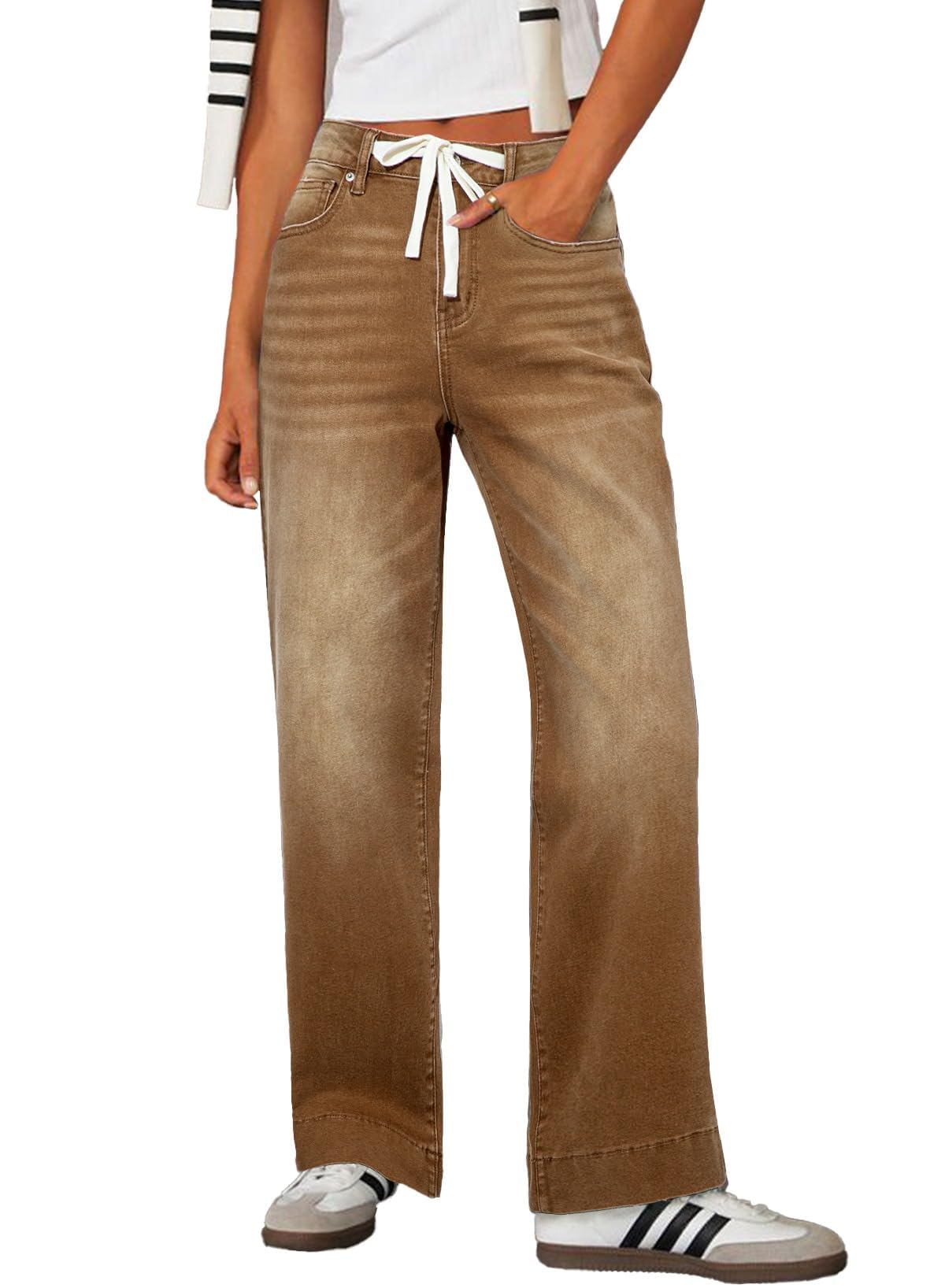 Sidefeel Women's Wide Leg Jeans High Waisted Stretchy Straight Leg Baggy Drawstring Zimbaplatinum Denim Pants