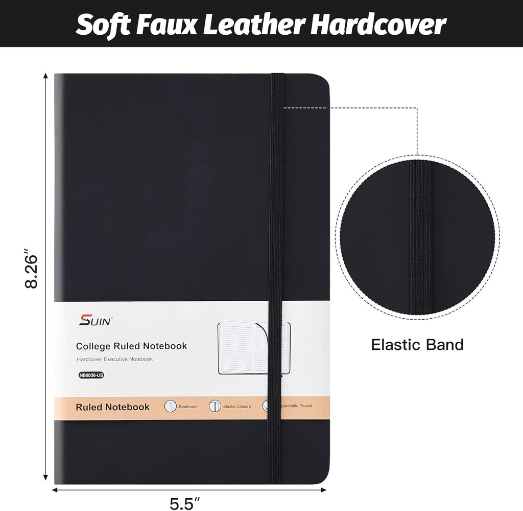 SUIN Hardcover-Journal-Notebooks, A5 Lined Journals Notebook for Writing 200 Pages, 8.2 x 5.5 inch, Classic Ruled Notebooks for Work/Travel/College (Black - 6 Pack)