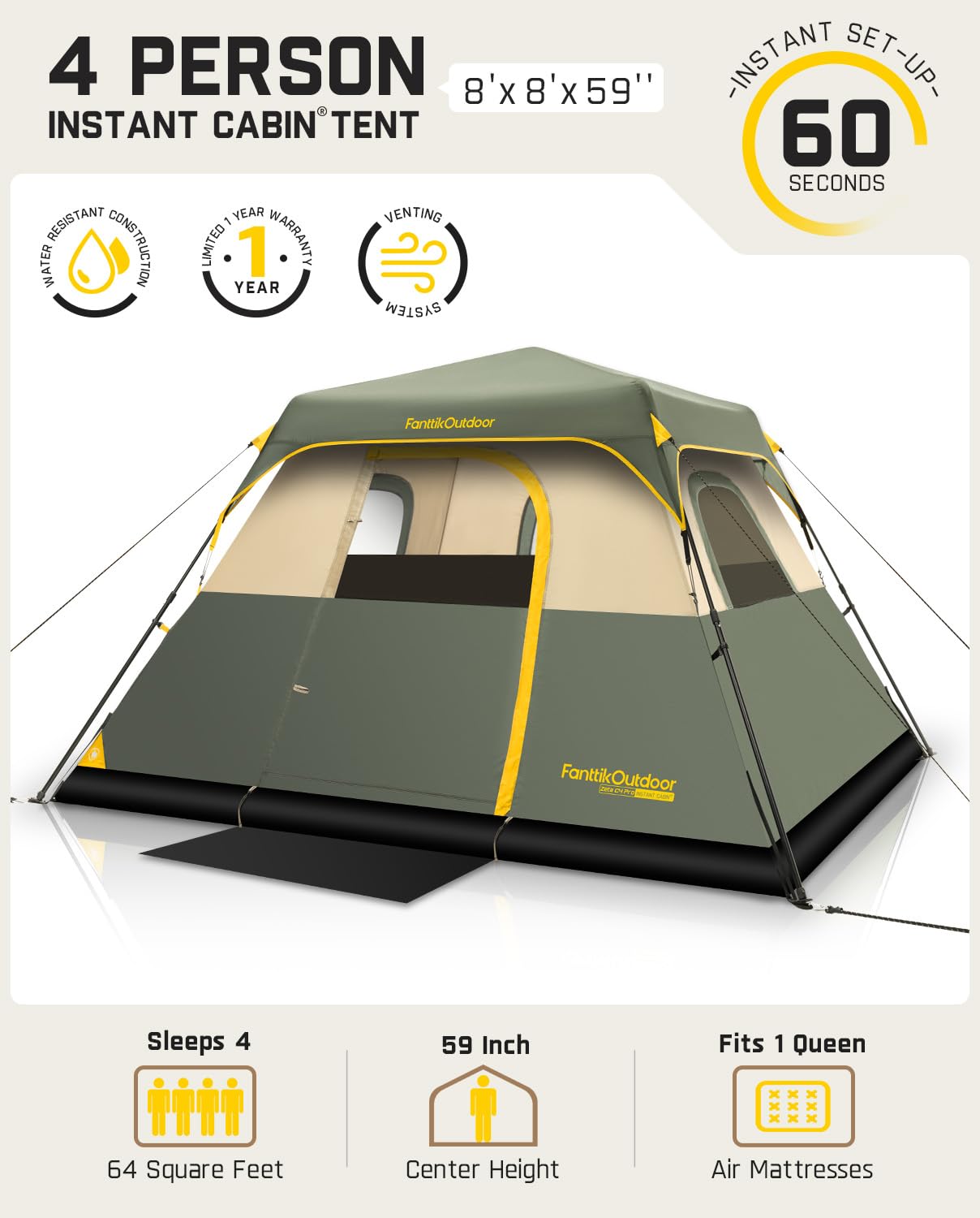 FanttikOutdoor Camping Tent 4/6/8/10 Person Instant Cabin Tent Setup in 60 Seconds with Rainfly & Windproof Portable with Carry Bag for Family Camping & Hiking, Upgraded Ventilation, Navy Blue