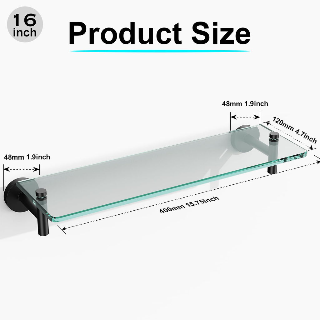 Glass Bathroom Shelves,Brushed Gold Floating Shelves for Wall Rectangular Modern Stainless Steel Glass Shelf for Bathroom Shelves wall Mounted 16 Inch