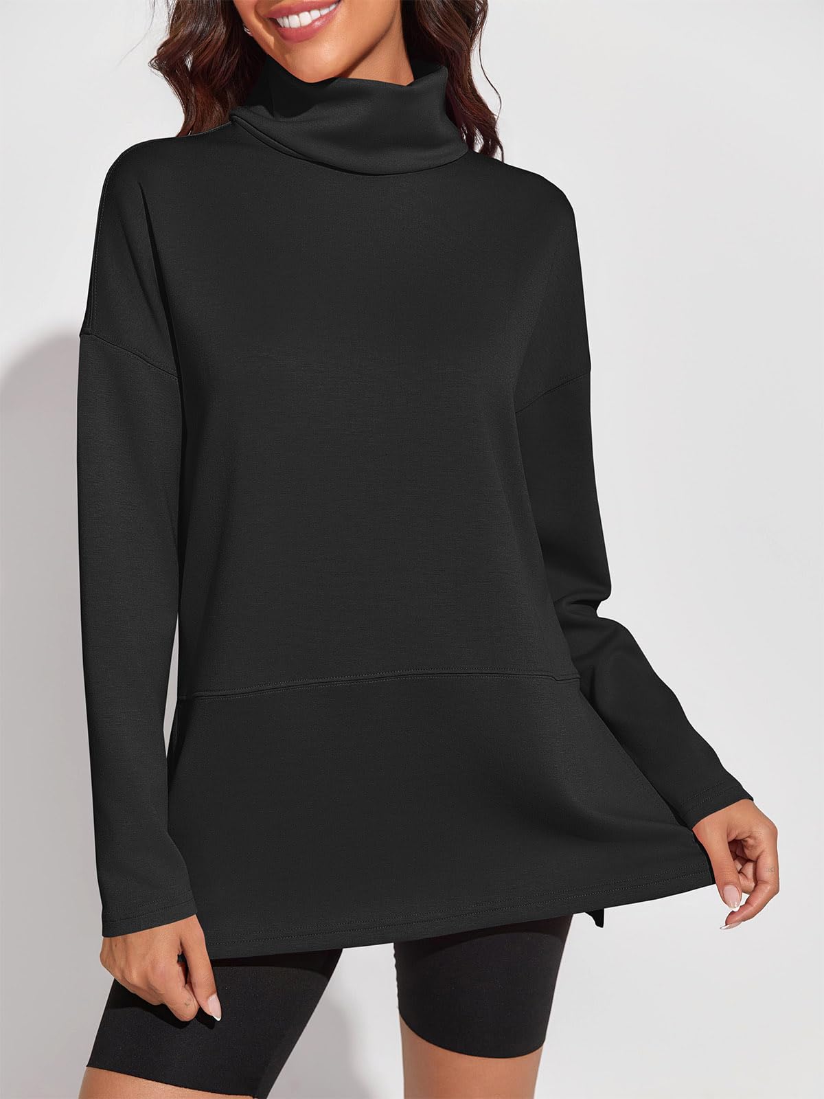 Fisoew Women's Turtleneck Oversized Sweatshirt Casual Long Sleeve Loose Side Slit Pullovers Tunic Tops