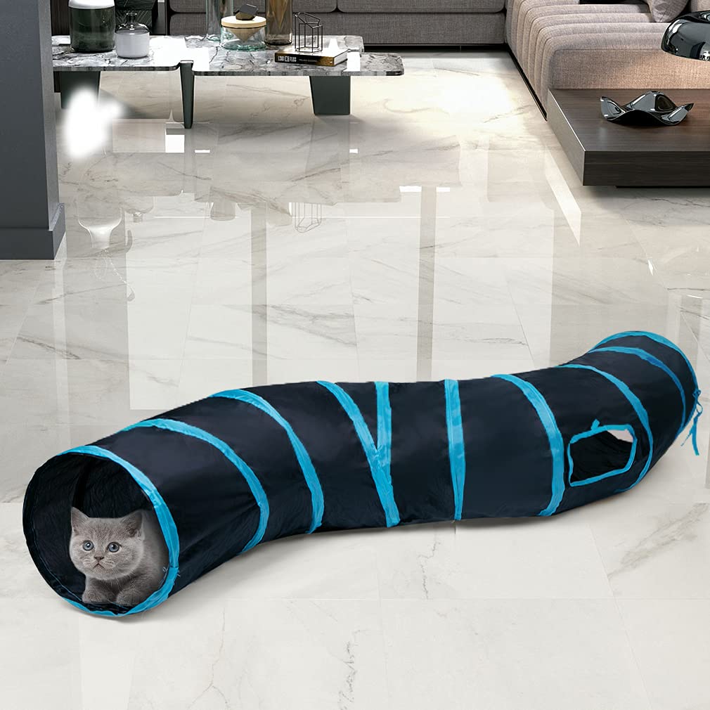 Sheldamy Cat Tunnel, 2-Way Collapsible Play Tunnel, Interactive Toy Maze for Small Animals, Suitable for Kittens, Puppies, Rabbits, Ferrets, Blue & Black