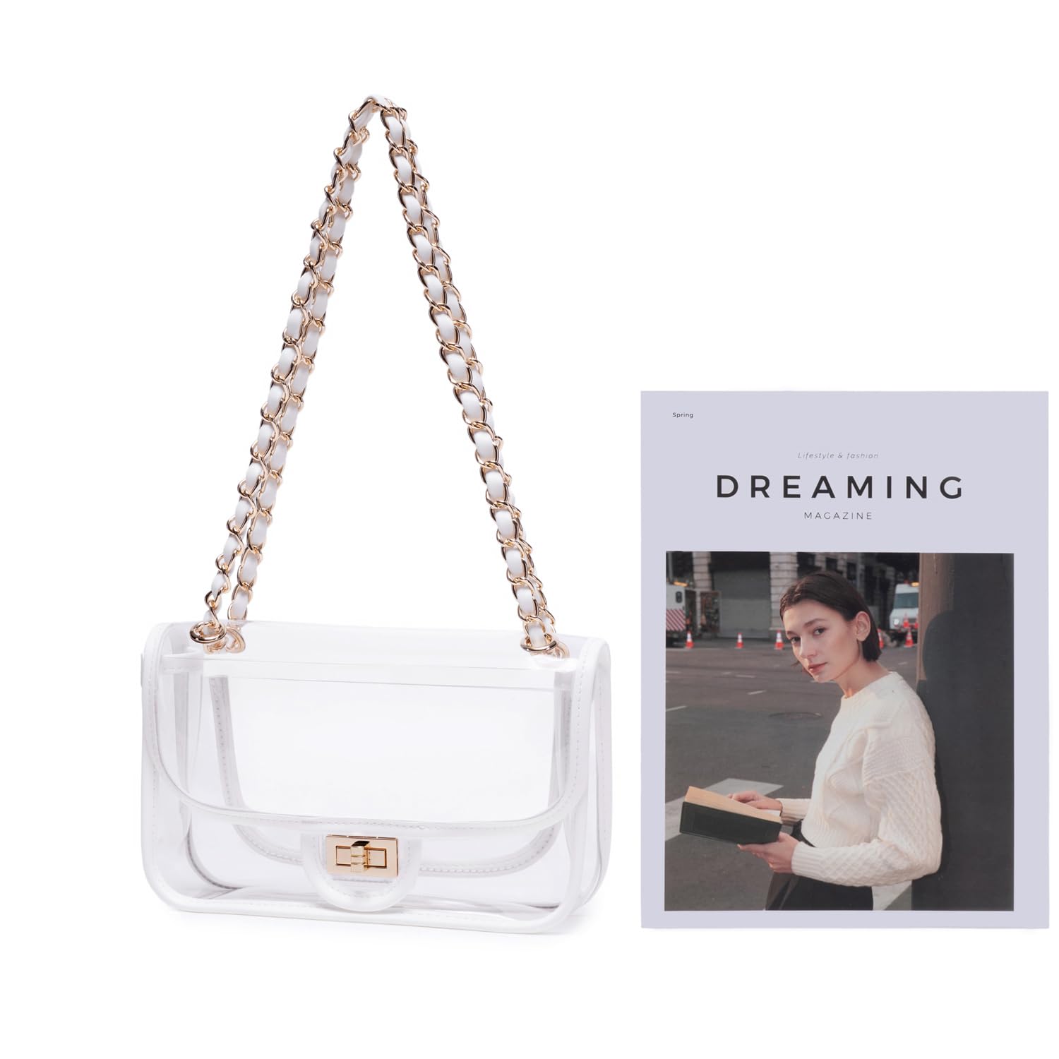 Womens PVC Clear Purse Handbag with Chain Stadium Approved Clear Bag See Through Bag for Working and Concert