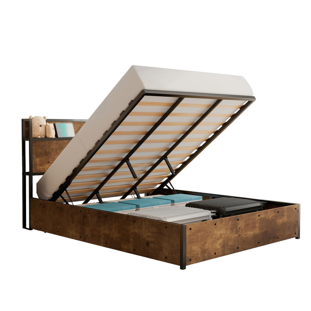 LUXOAK Full Size Lift Up Storage Bed, Wood Platform Bed Frame with Storage Headboard & Charging Station, No Box Spring Needed, Easy Assembly, Black