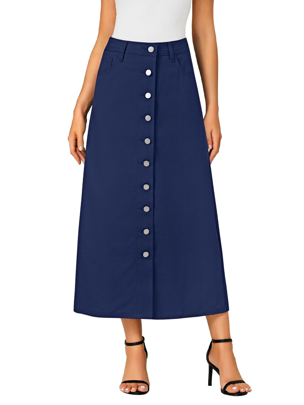 Vrtige Women's Casual Button Down High Waisted A Line Jean Midi Long Denim Skirt with Pockets