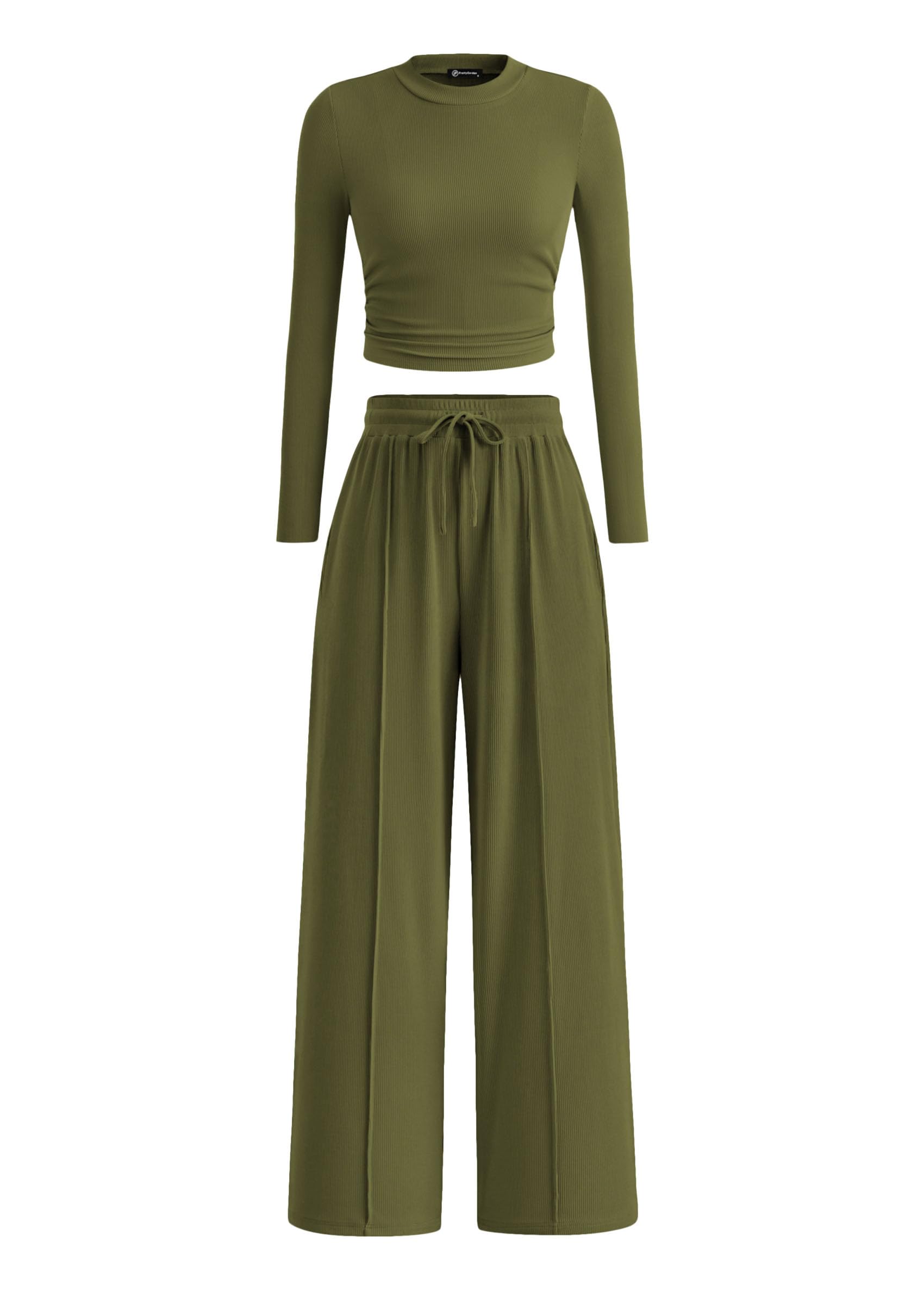 PRETTYGARDEN Women's 2 Piece Sets 2026 Fall Long Sleeve Crop Tops Wide Leg Pants Matching Outfit Tracksuits Spring Clothes