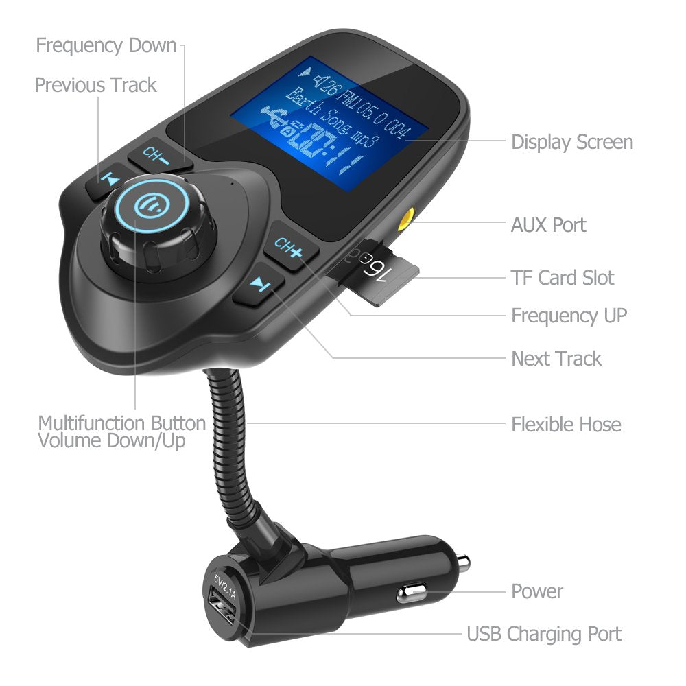Nulaxy KM18 Bluetooth 5.4 Car Adapter with 1.44" Clear Display & Flexible Gooseneck - FM Radio Transmitter & Bluetooth Receiver for Hands-Free Calls, Wireless Music via BT/FM/AUX/TF, USB Car Charger