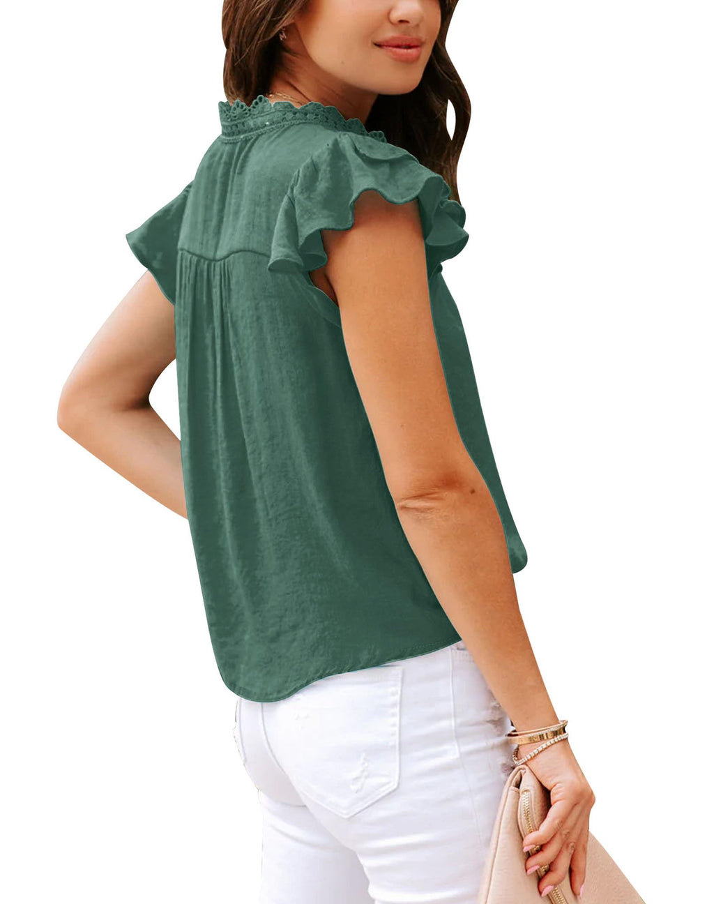 Women's V Neck Lace Crochet Shirts Button Down Short Sleeve Casual Blouse Tops