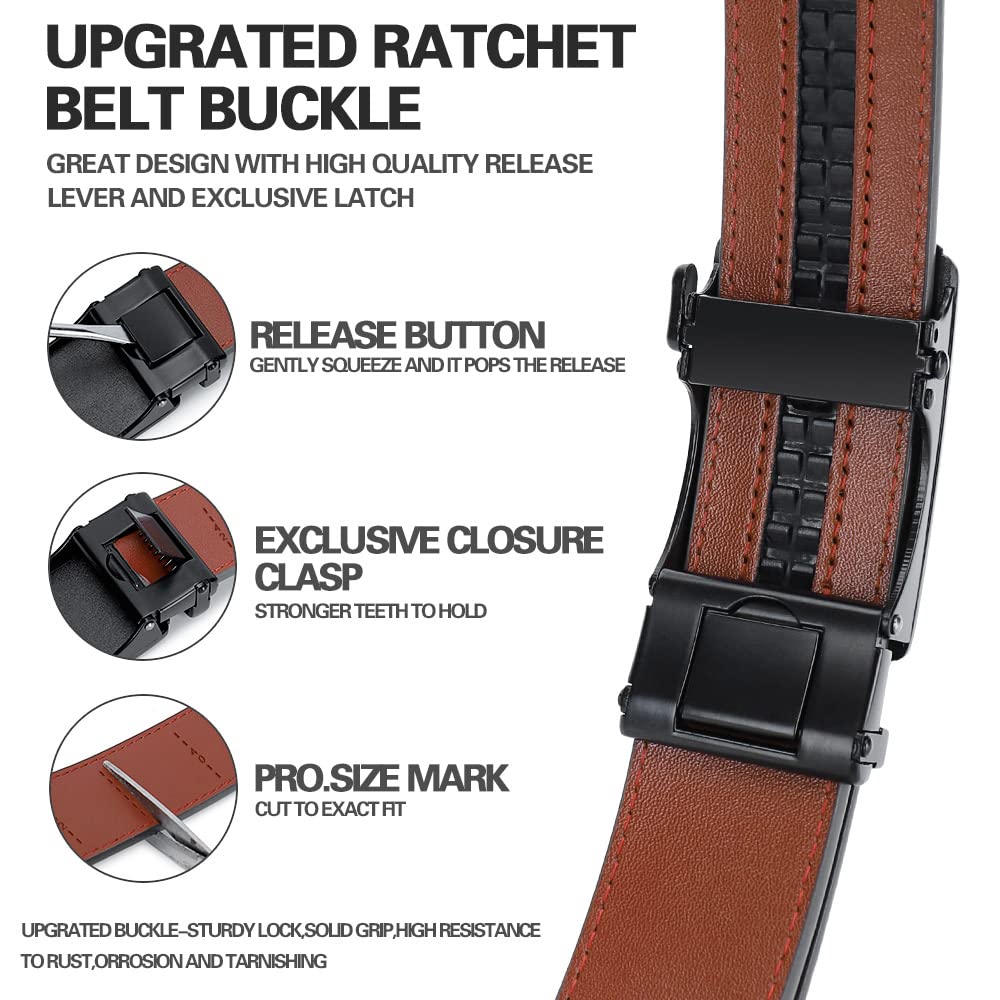 DOOPAI Men's 2 Pack Ratchet Dress Belt - Adjustable 1 3/8" Genuine Leather, Size Length Can Be Cut, With Gift Box