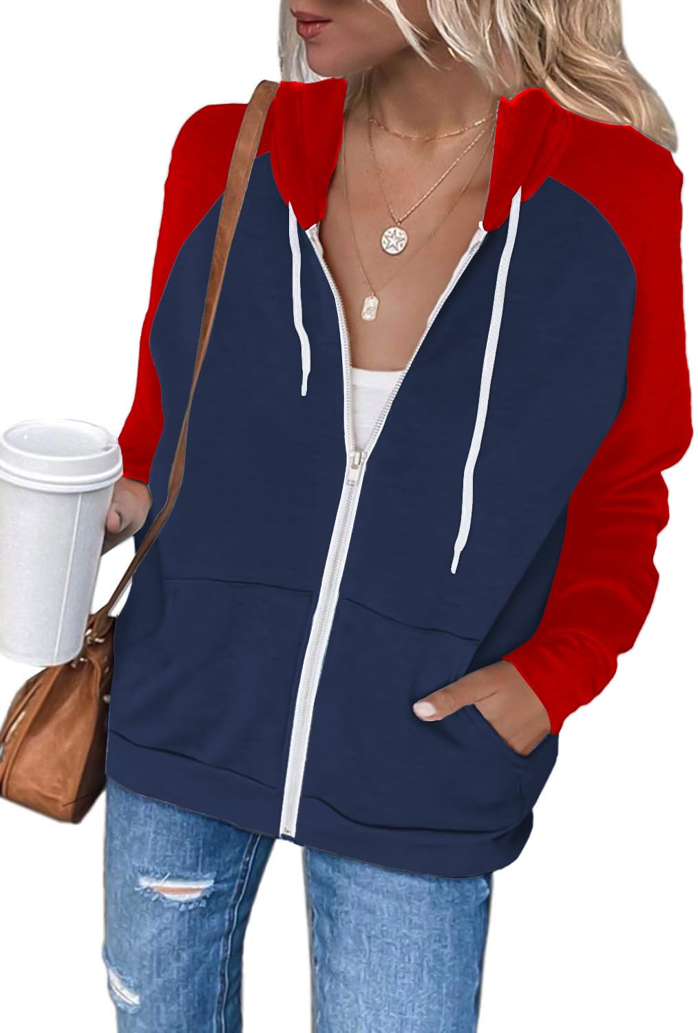 EZBELLE Women's Color Block Zip Up Hoodie Sweatshirt Casual Long Sleeve Jacket Sweater with Pockets