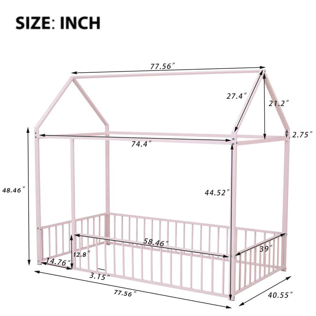 Bellemave Twin Size Montessori Floor Bed, Metal House Bed Framefor Kids, Montessori Floor Beds with Fence, Playhouse for Kids,Black