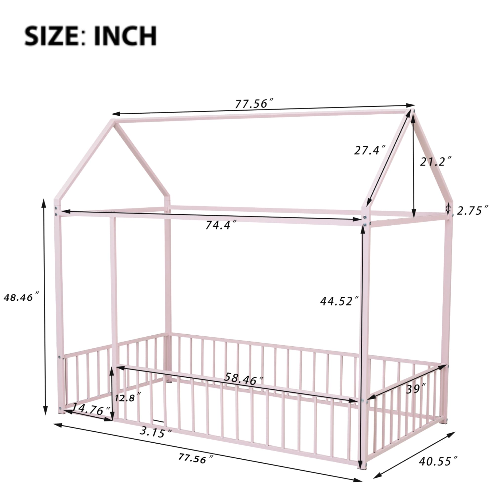 Bellemave Twin Size Montessori Floor Bed, Metal House Bed Framefor Kids, Montessori Floor Beds with Fence, Playhouse for Kids,Black