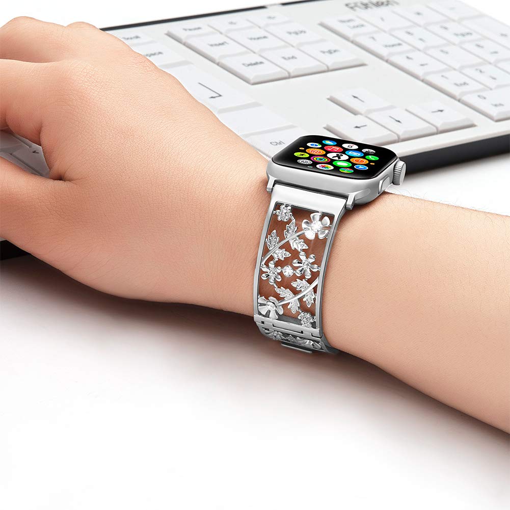 Floral Band Compatible with Apple Watch Jewelry Band 38mm 40mm 41mm 42mm iWatch Bands Series 11 10 9 8 7 6,Bling Crystal Bracelet Hollow Metal Strap,Fashion Women Wristband(38/40/41/42mm,Black)