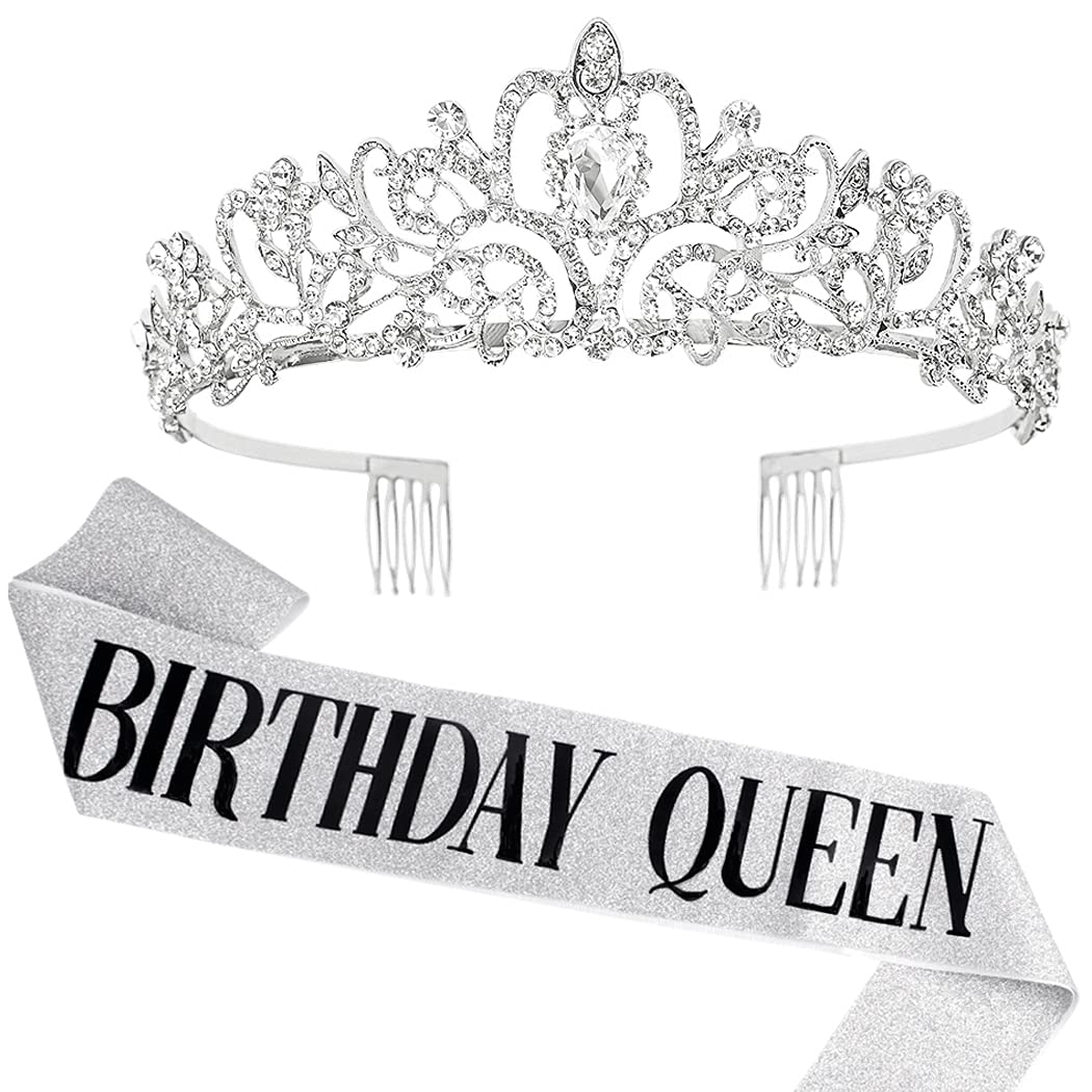 COCIDE Birthday Silver Tiara and Crowns Kit - Silver Tiara, Crown, Sash, Rhinestone Headband, Glitter Sash for Women & Girls Birthday Party Decorations