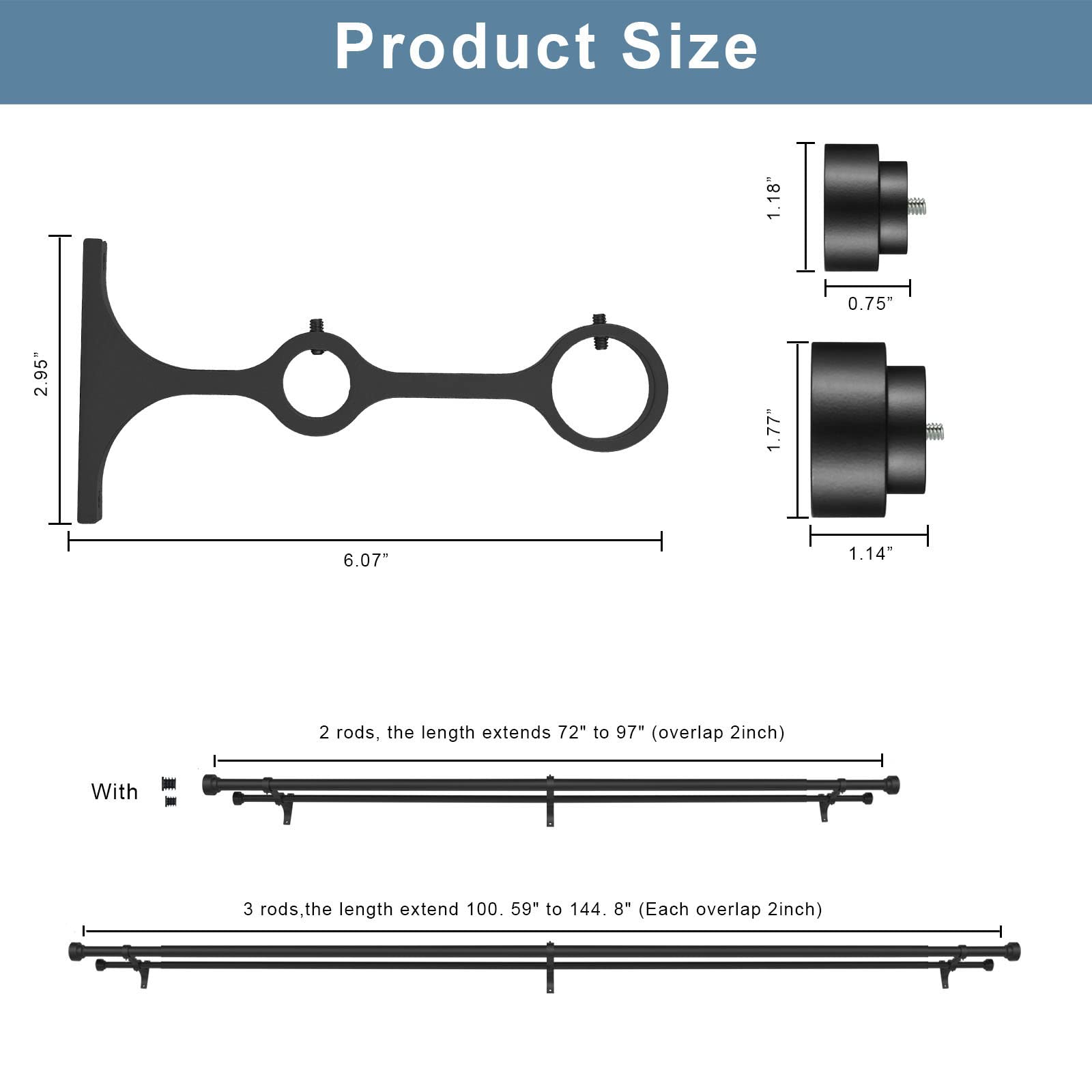 Heavy Duty Double Curtain Rods with Cylindrical Cap Finials - 36 to 72' Telescoping Rods, 1 Inch and 5/8 Inch Diameter, Light Gold