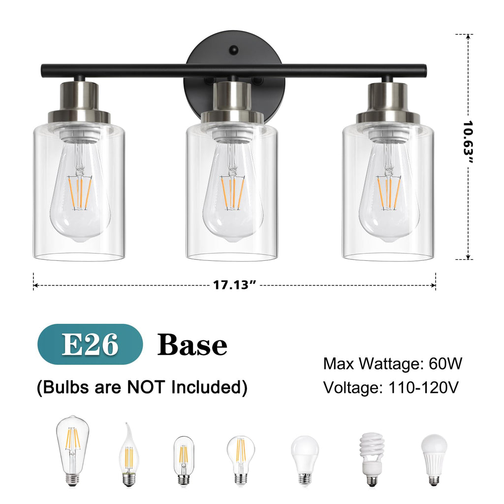 Unicozin 2 Pack Modern Bathroom Light Fixtures, 3 Light Vanity Lights, Black Wall Lamp with Clear Glass for Bathroom, Mirror, Living Room, Bedroom, Hallway, E26 Base