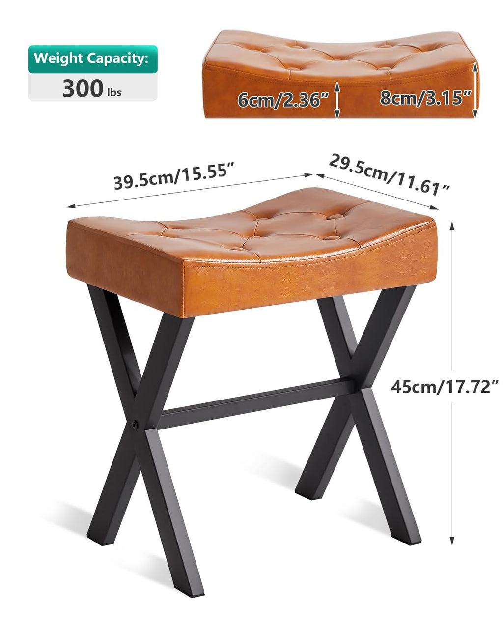 IBUYKE U-Shaped PU Vanity Stool, Square Makeup Chair with X-Leg, Ottoman Seat Footrest Stool, Multi-Use as Small Side Table, for Bedroom, Living Room, Black WBD019B