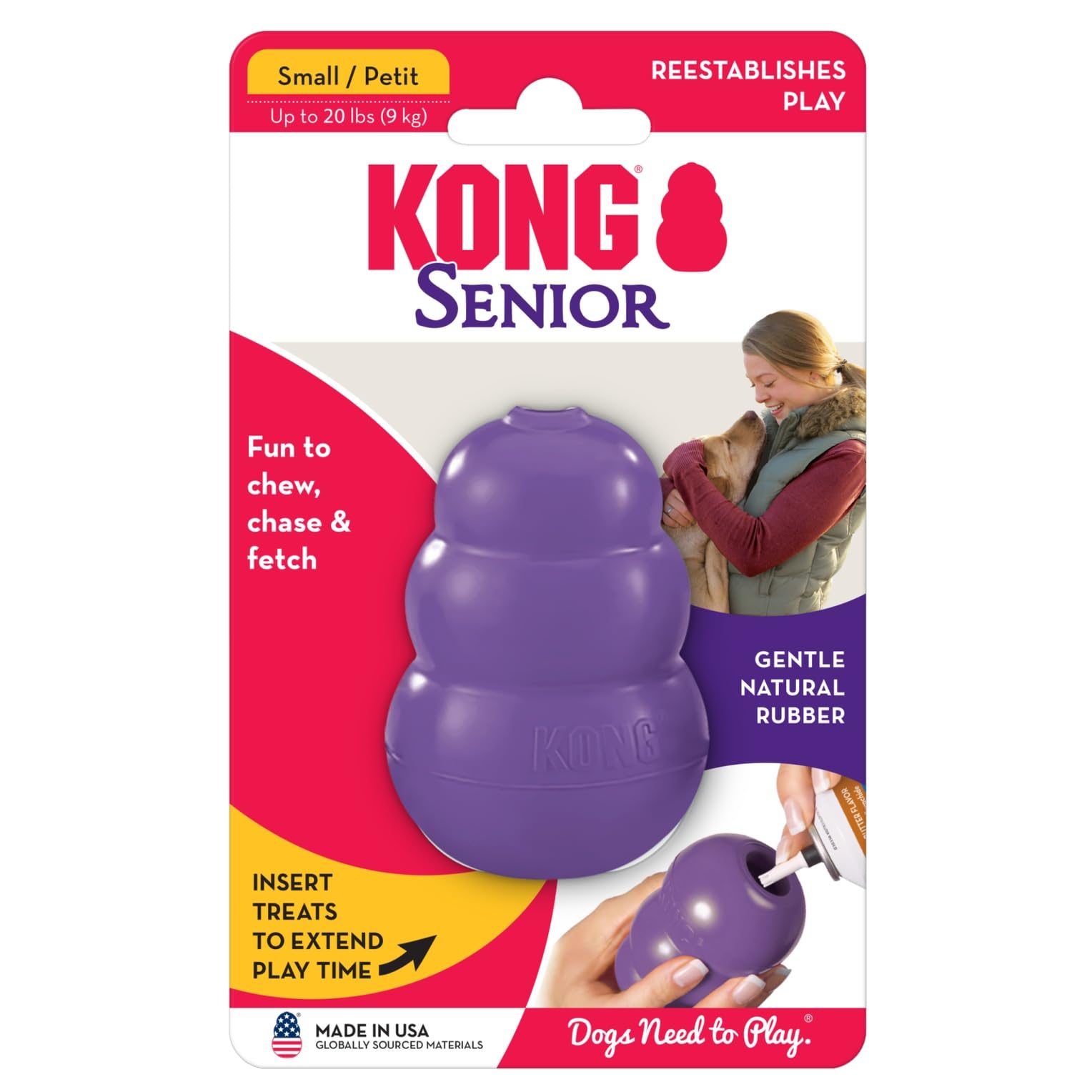 KONG Senior - Dog Toy with Gentle, Natural Rubber - Durable Dog Toy for Older Dogs - Use Treats with Stuffable Chew Toy - Treat Toy for Chewing & Fetching - for Small Dogs