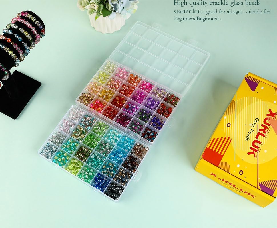 XJRLUK Glass Beads Bracelet Making Kit,1350PCS 48 Colors 8mm Crackle Glass Beads for Jewelry Making, Crystal Glass Round Beads Friendship Bracelet kit for DIY Crafts Gifts