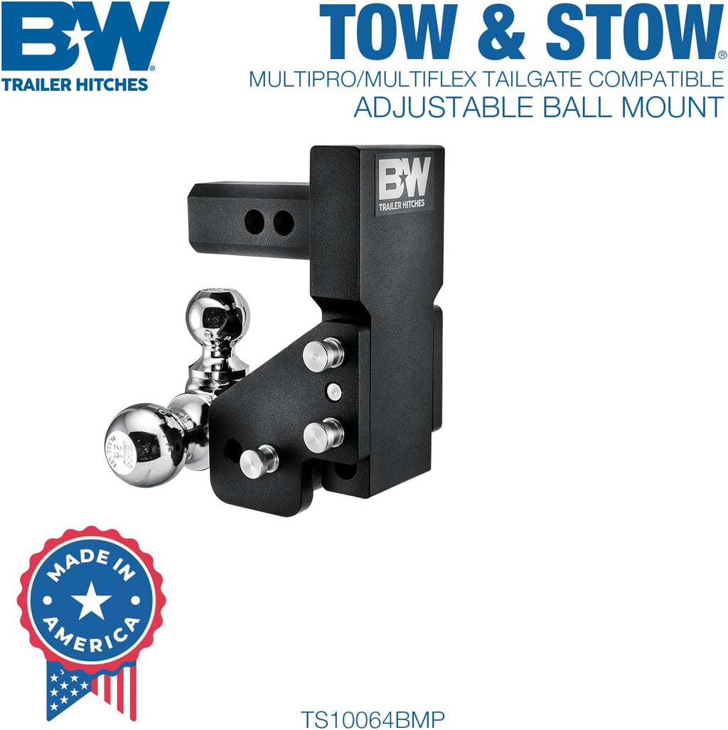 B&W Trailer Hitches MultiPro Tow & Stow Adjustable Trailer Hitch Ball Mount Compatible with MultiPro Tailgate - Fits 2" Receiver, Dual Ball (2" x 2-5/16"), 4.5" Drop, 10,000 GTW -TS10065BMP