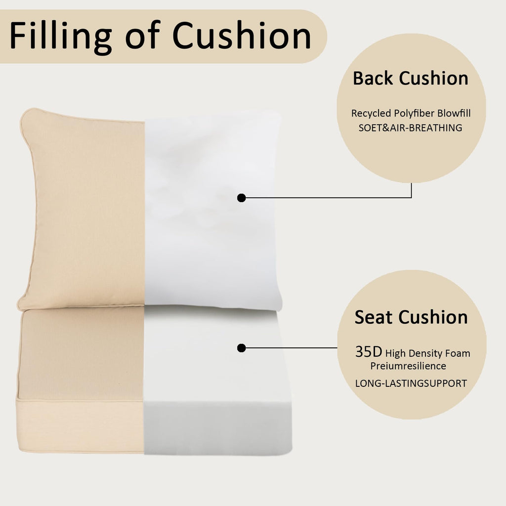 COZYVIDA 5.1" Thick Outdoor Patio Cushions Set of 2, 22"x24"x5.1" Seat, C0 Water-Resistant Breathable Fabric, UV-Resistant 1000+ Hrs, 35D Foam with Recycled Fiber Fill,Beige