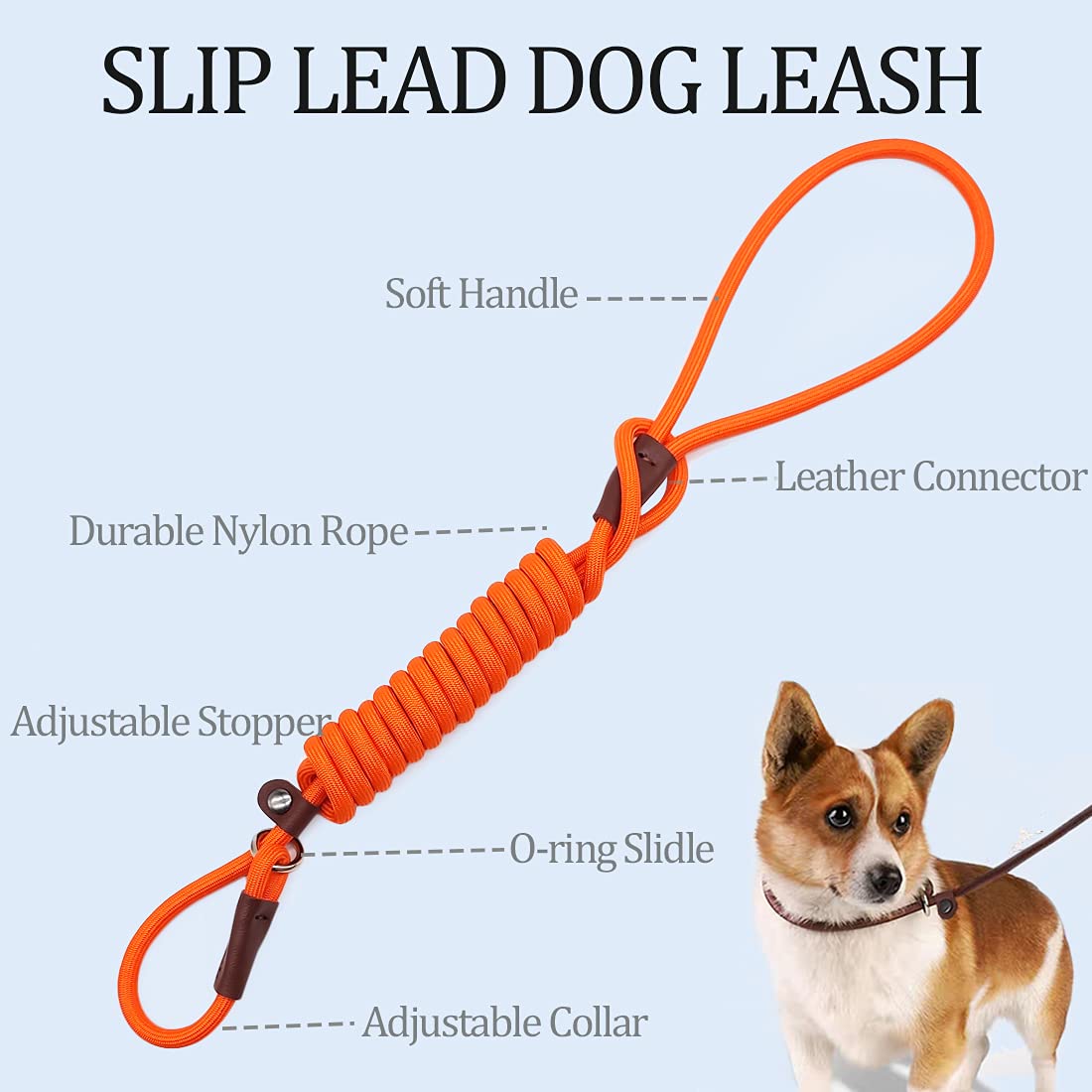 MayPaw Slip Lead Control Leash for Dogs No Pull, 13+ Colors Classic Dog Lead 7 FT Pet Slip Leash, 1/4” Rope Leashes for Small Medium Animals (7ft*1/4", Black)