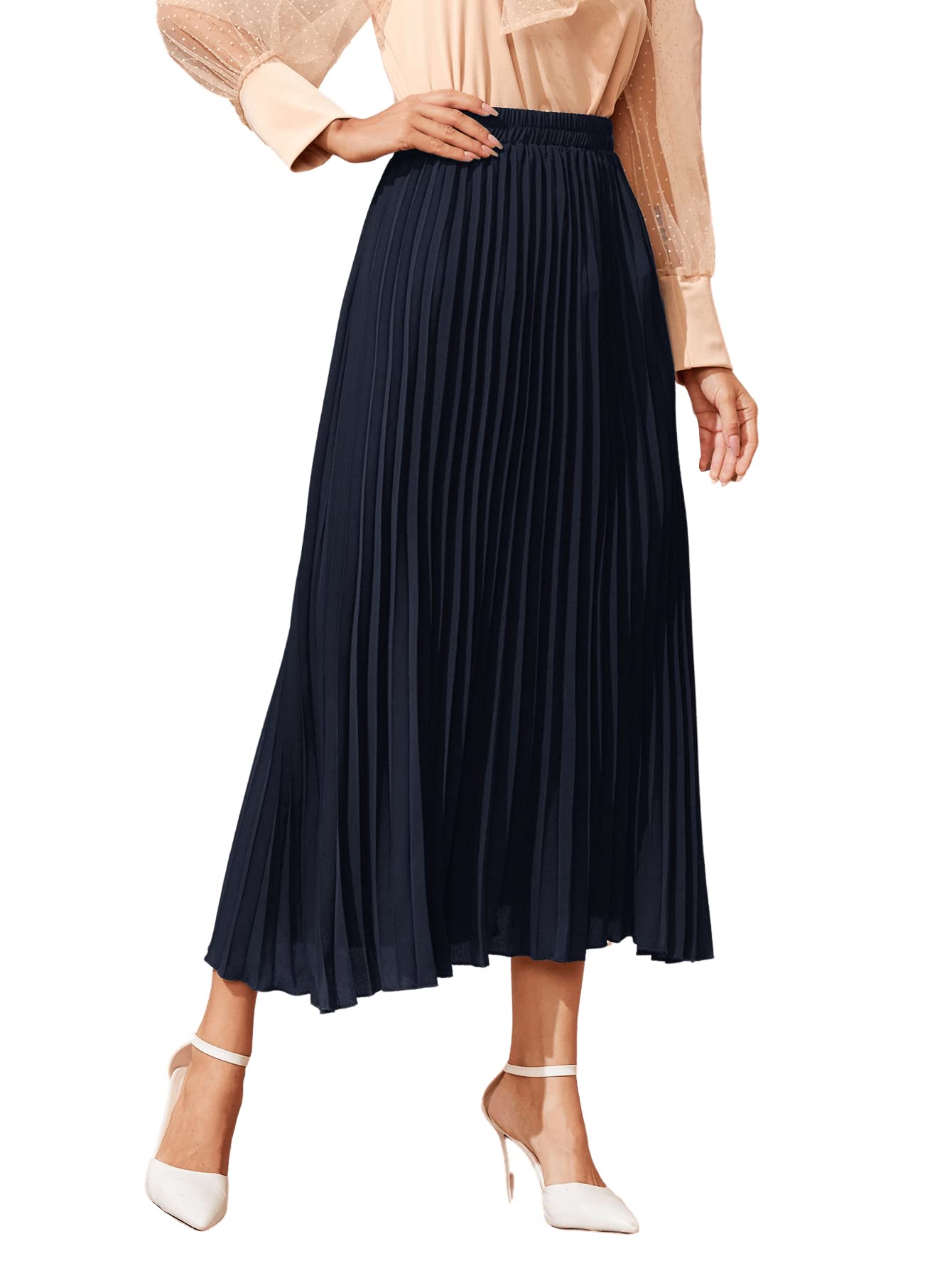 SweatyRocks Women's Casual Solid Longline Pleated Long Skirt